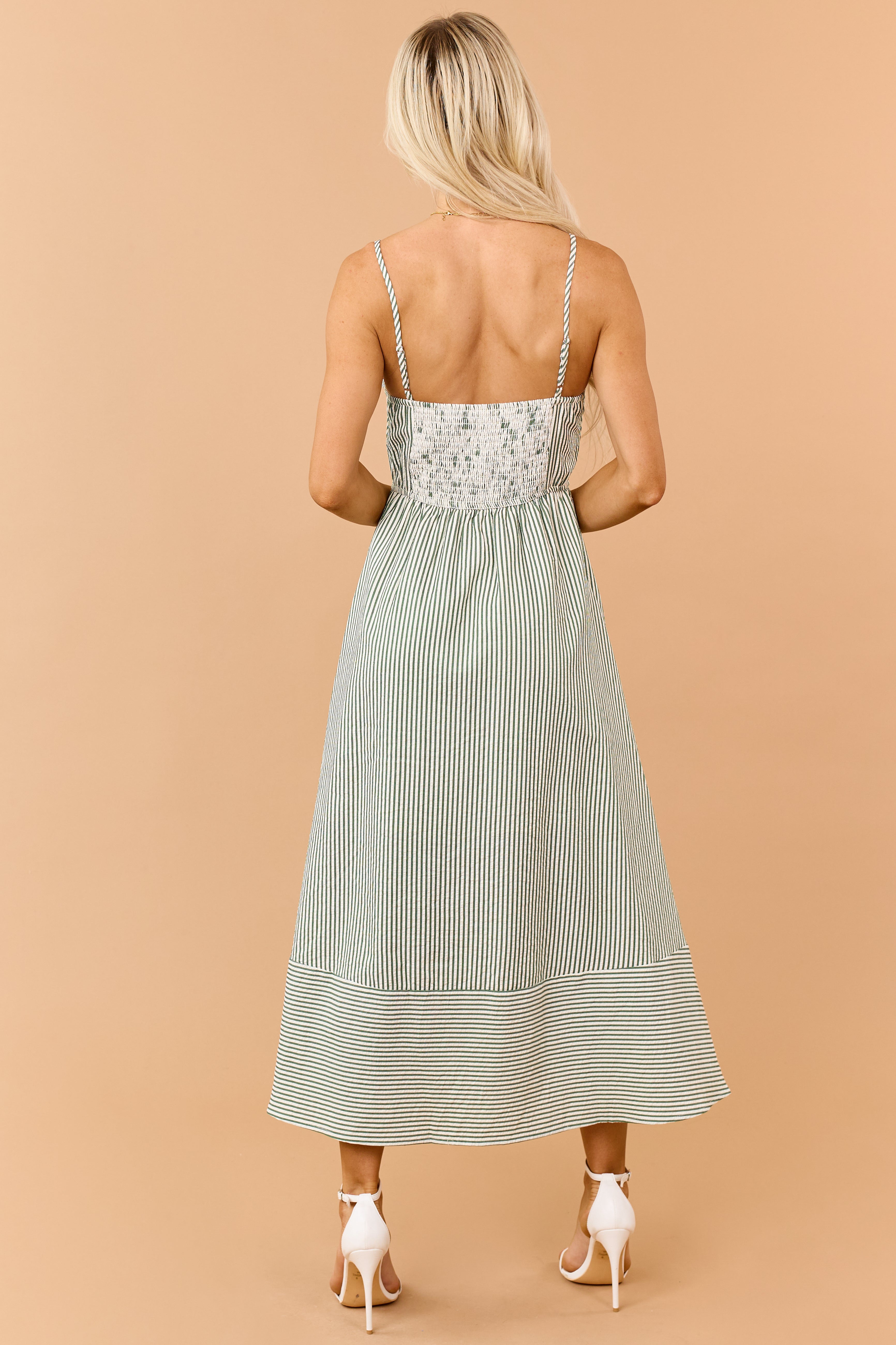 Hunter Green Striped V-Neck Midi Sundress