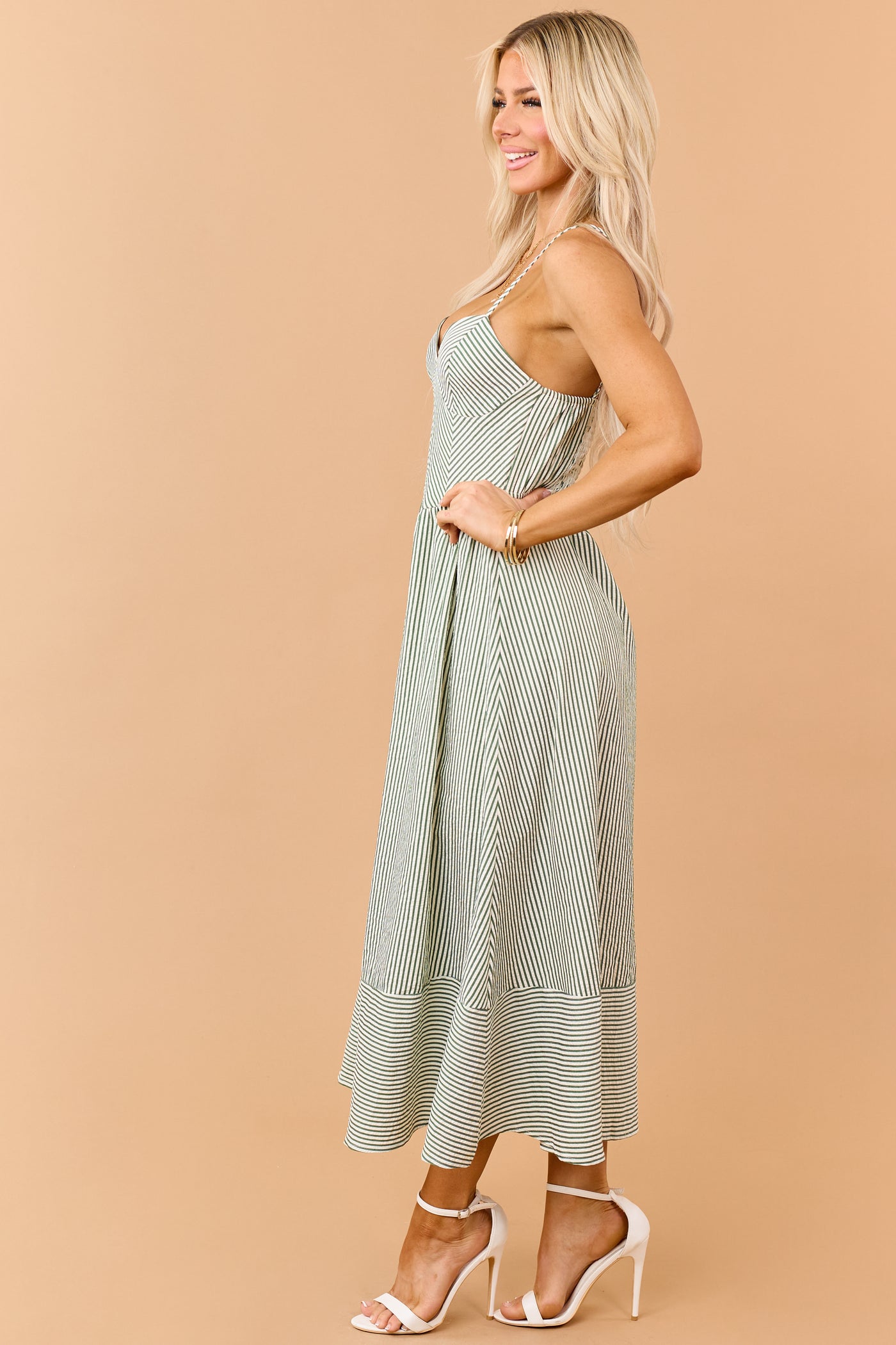 Hunter Green Striped V-Neck Midi Sundress
