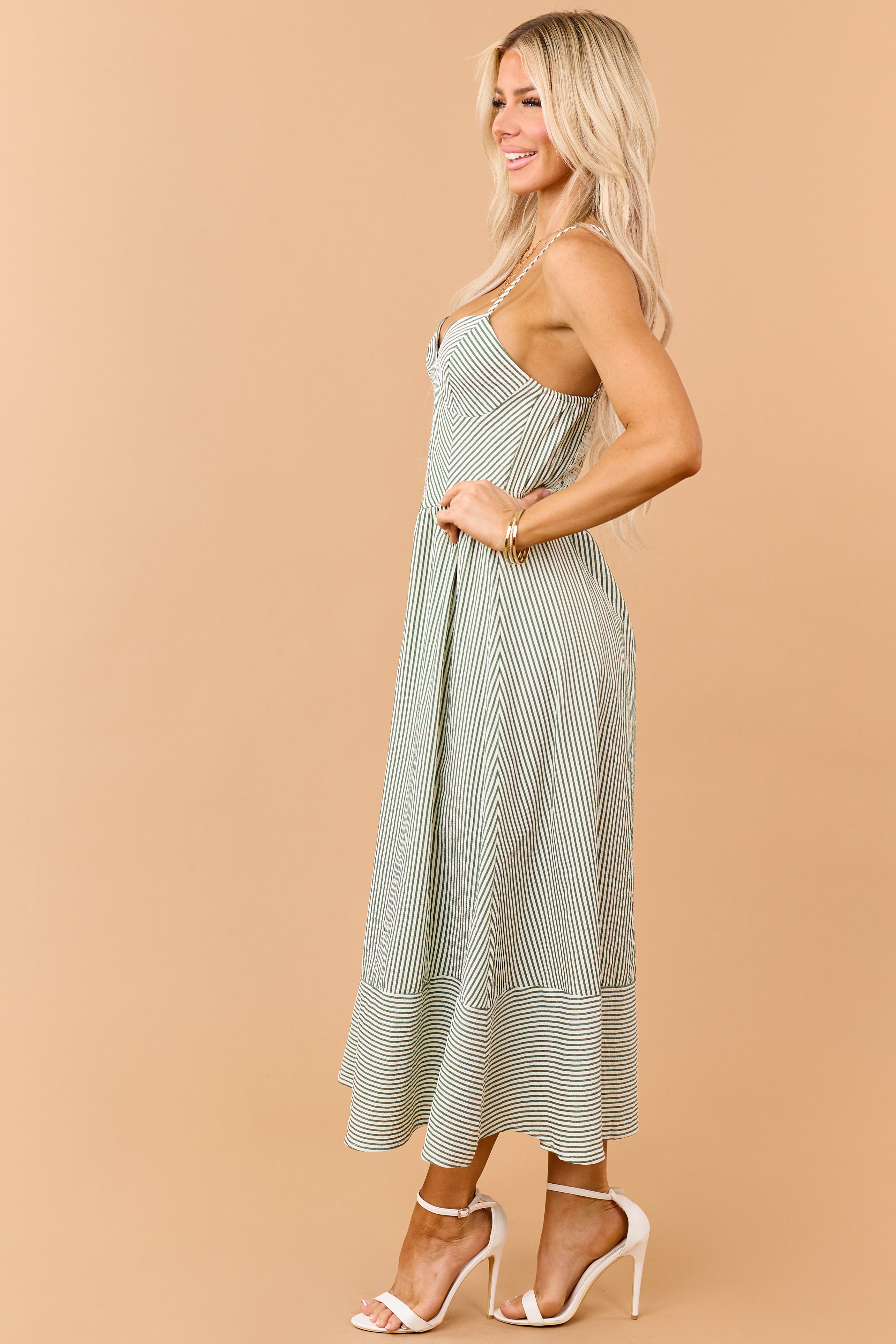 Hunter Green Striped V-Neck Midi Sundress