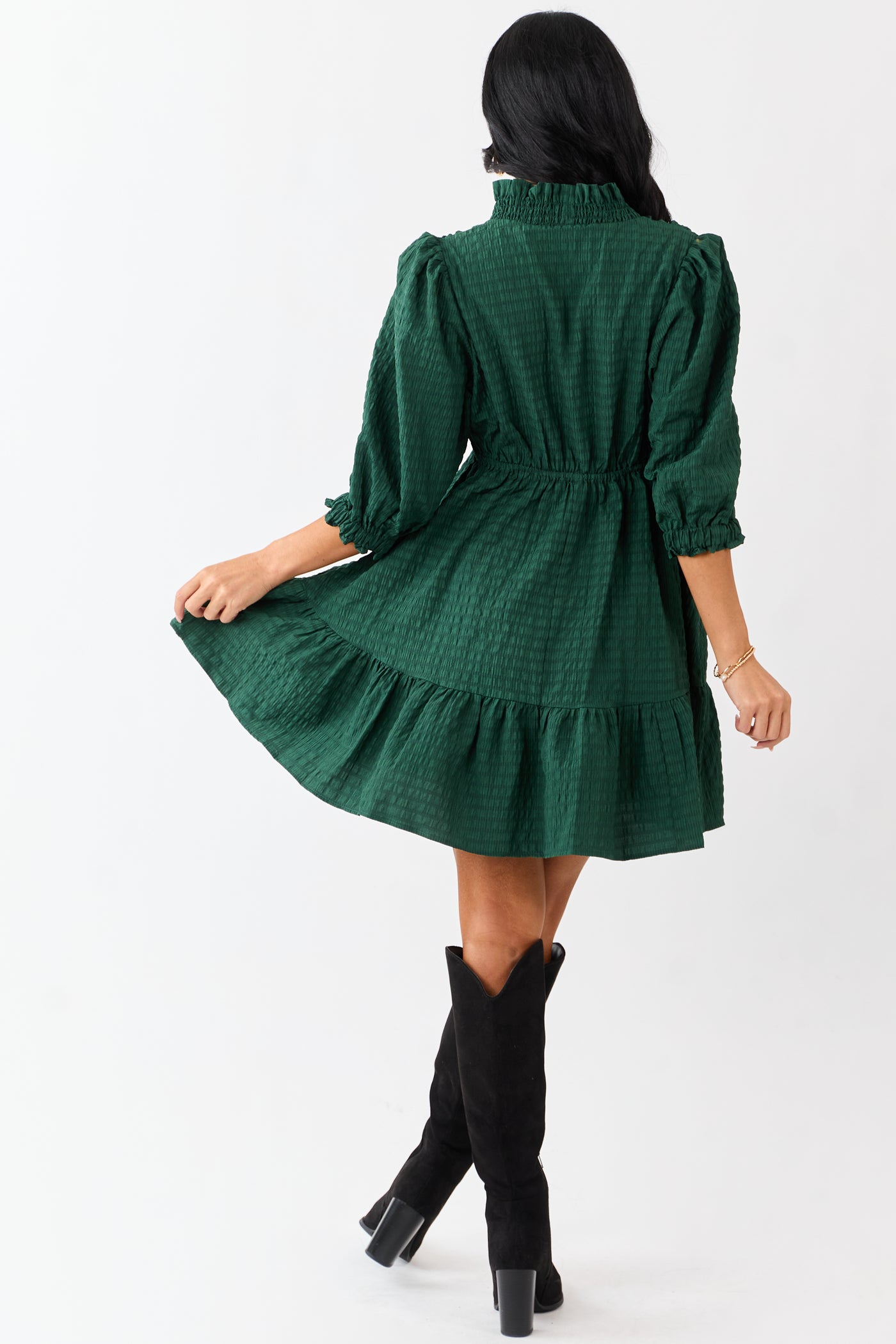 Hunter Green Surplice Neck 3/4 Bubble Sleeve Mini Dress