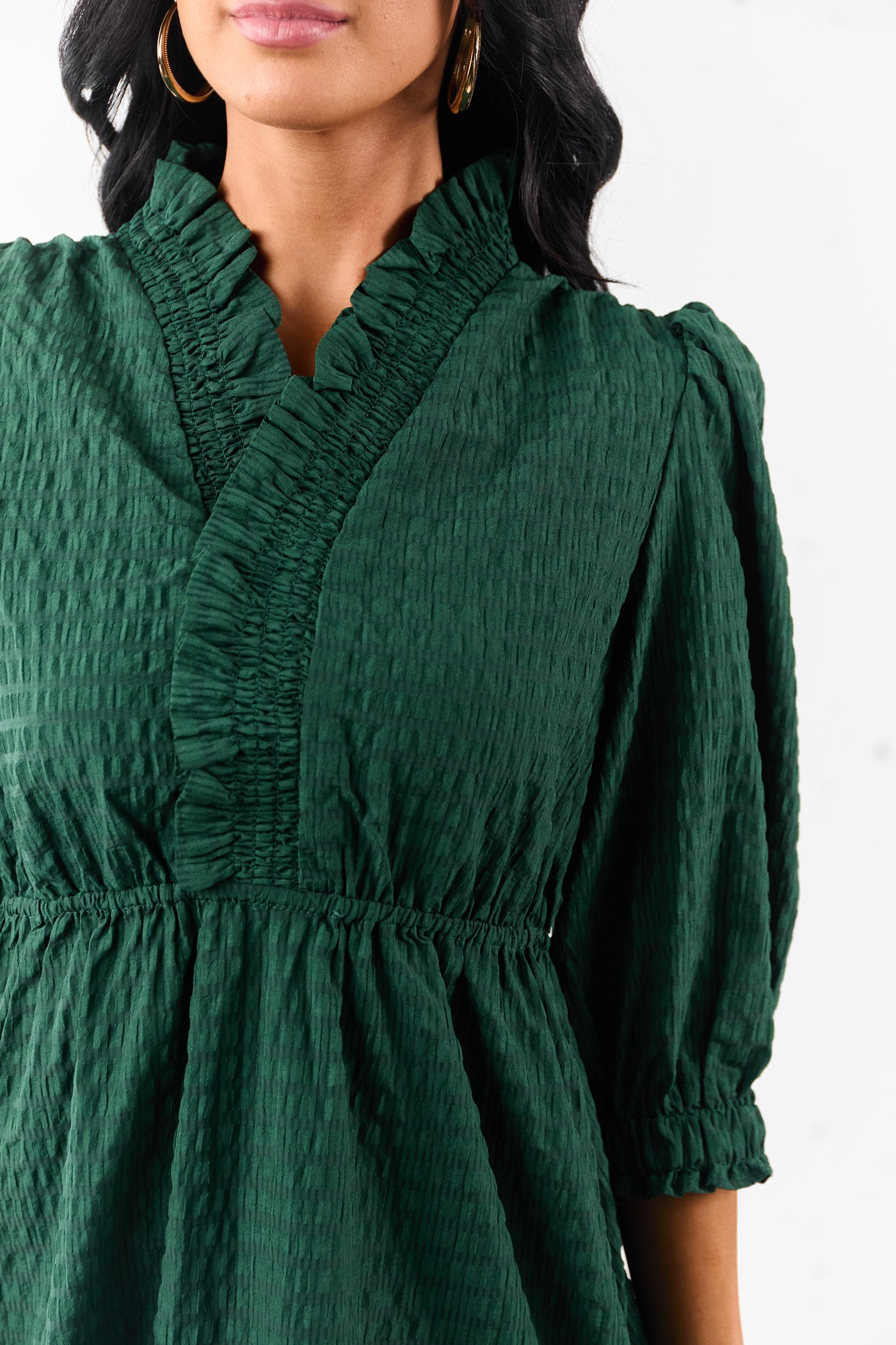 hunter green women's dress Hunter Green Surplice Neck 3/4 Bubble Sleeve Mini Dress