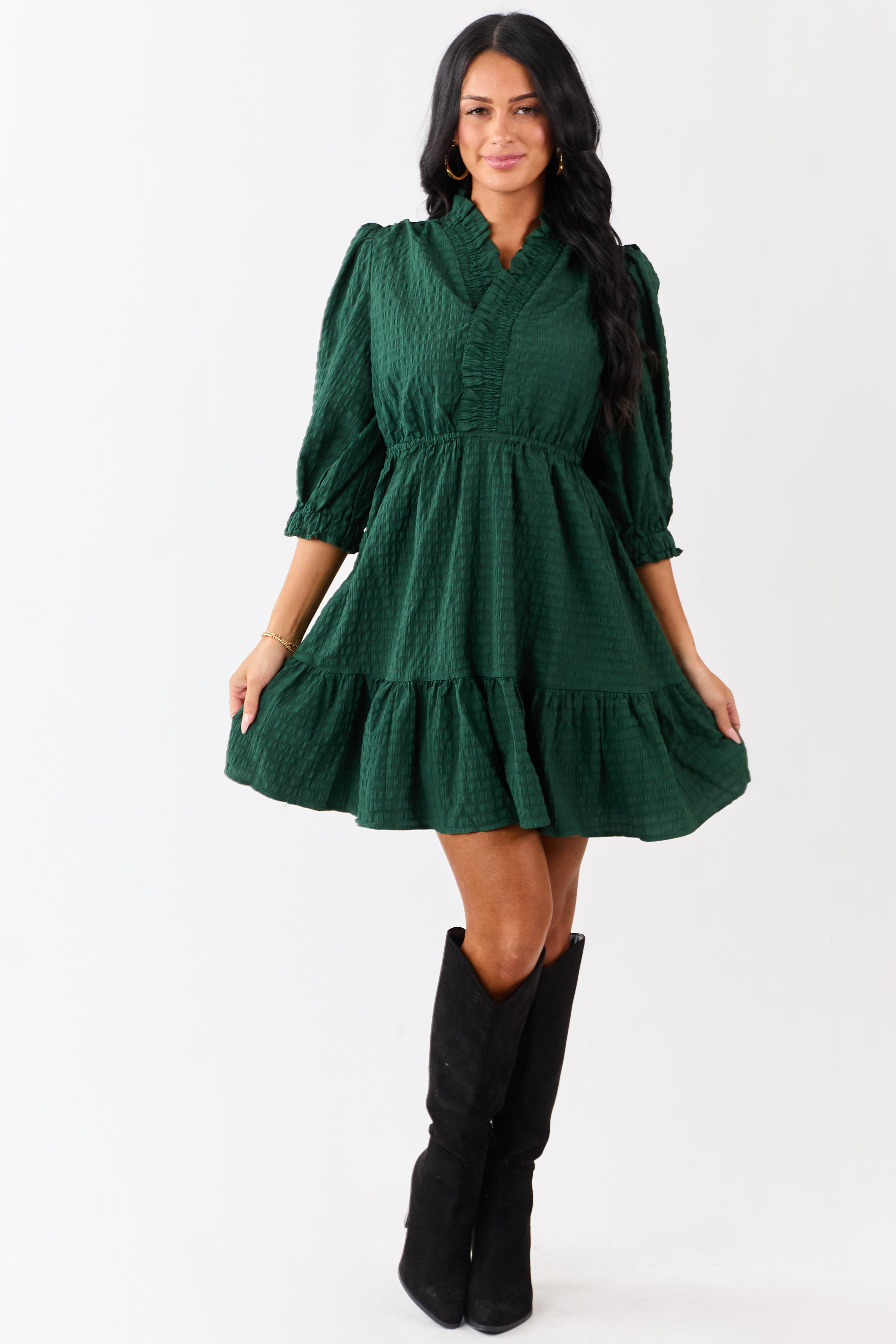 Hunter Green Surplice Neck 3/4 Bubble Sleeve Mini Dress Hunter Green Surplice Neck 3/4 Bubble Sleeve Mini Dress