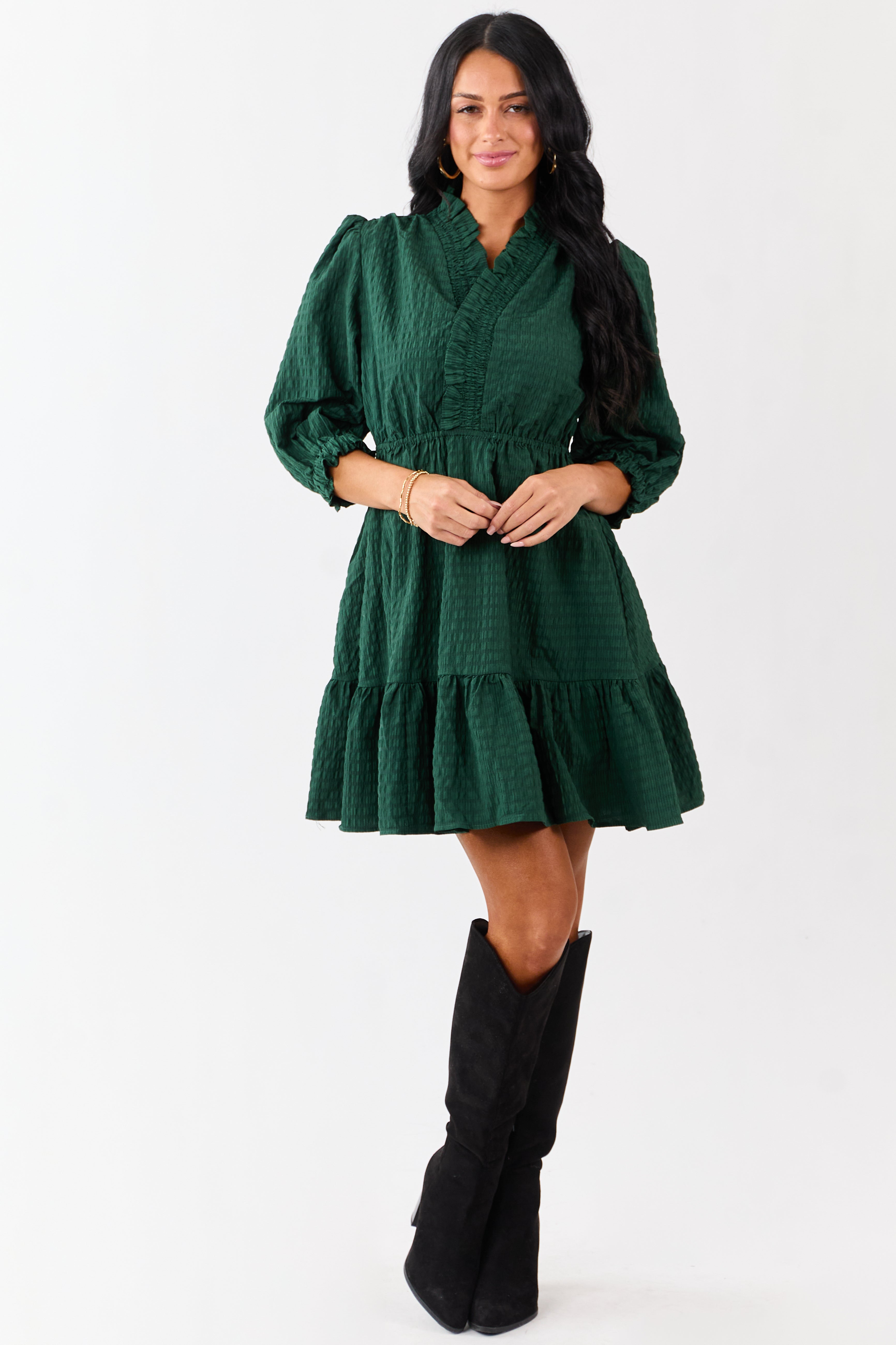 Hunter Green Surplice Neck 3/4 Bubble Sleeve Mini Dress Hunter Green Surplice Neck 3/4 Bubble Sleeve Mini Dress