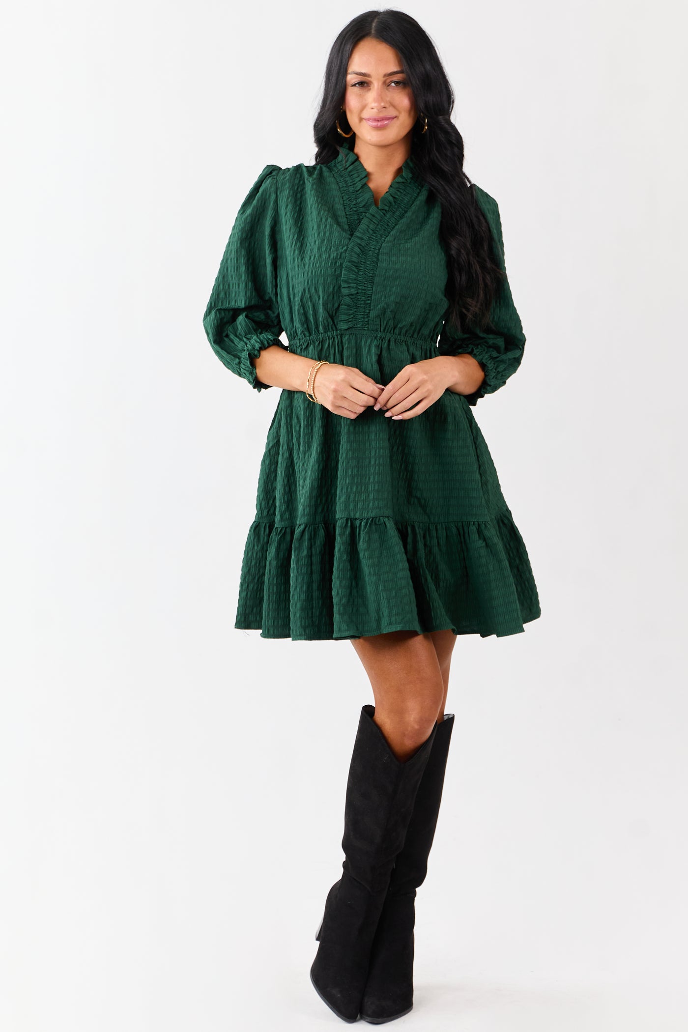 Hunter Green Surplice Neck 3/4 Bubble Sleeve Mini Dress