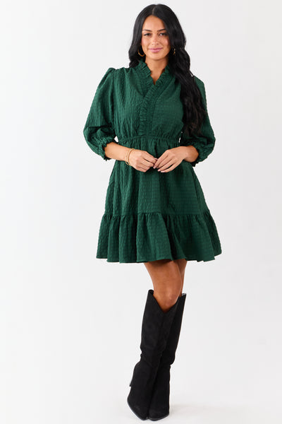 Hunter Green Surplice Neck 3/4 Bubble Sleeve Mini Dress
