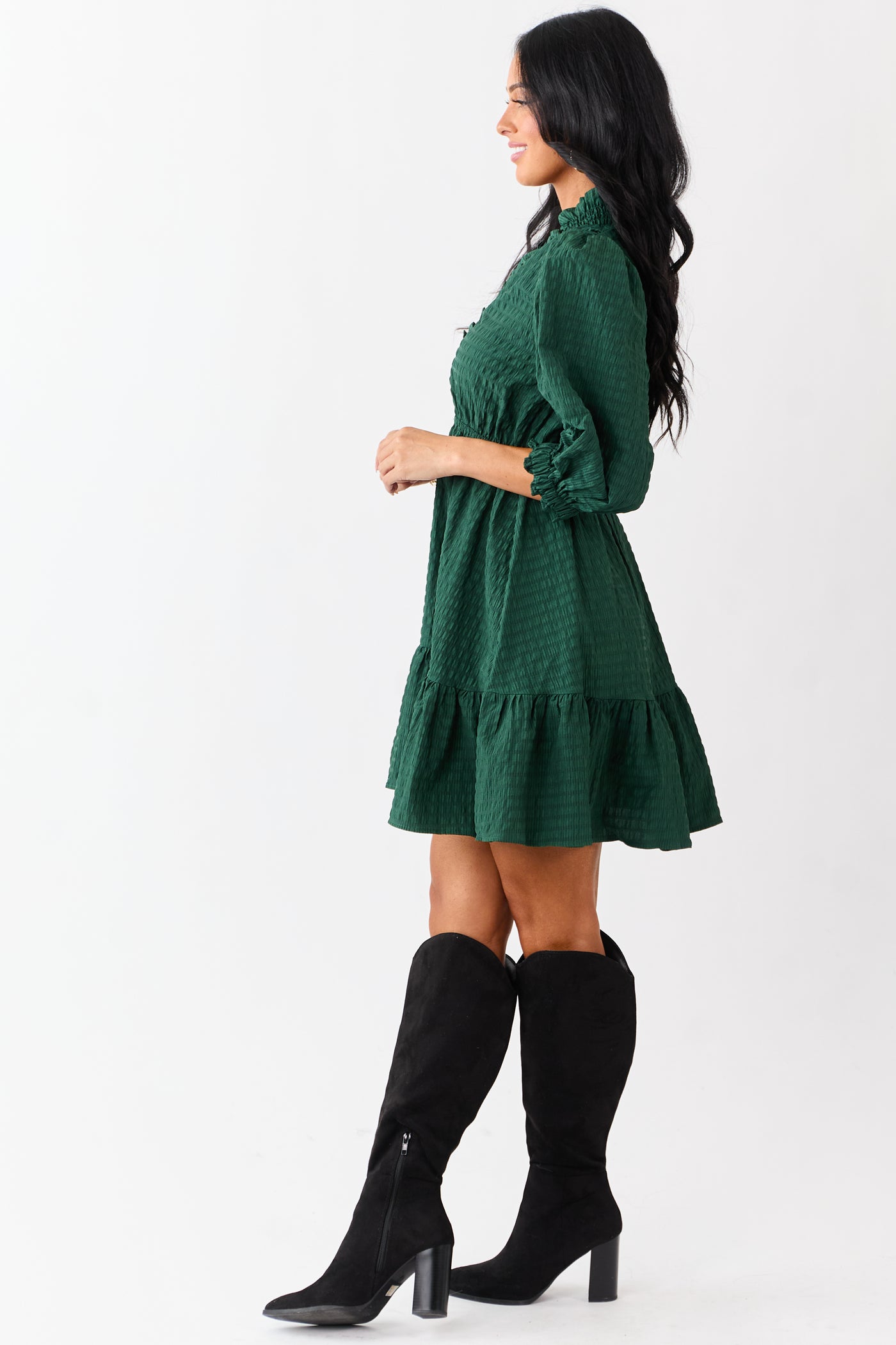 Hunter Green Surplice Neck 3/4 Bubble Sleeve Mini Dress
