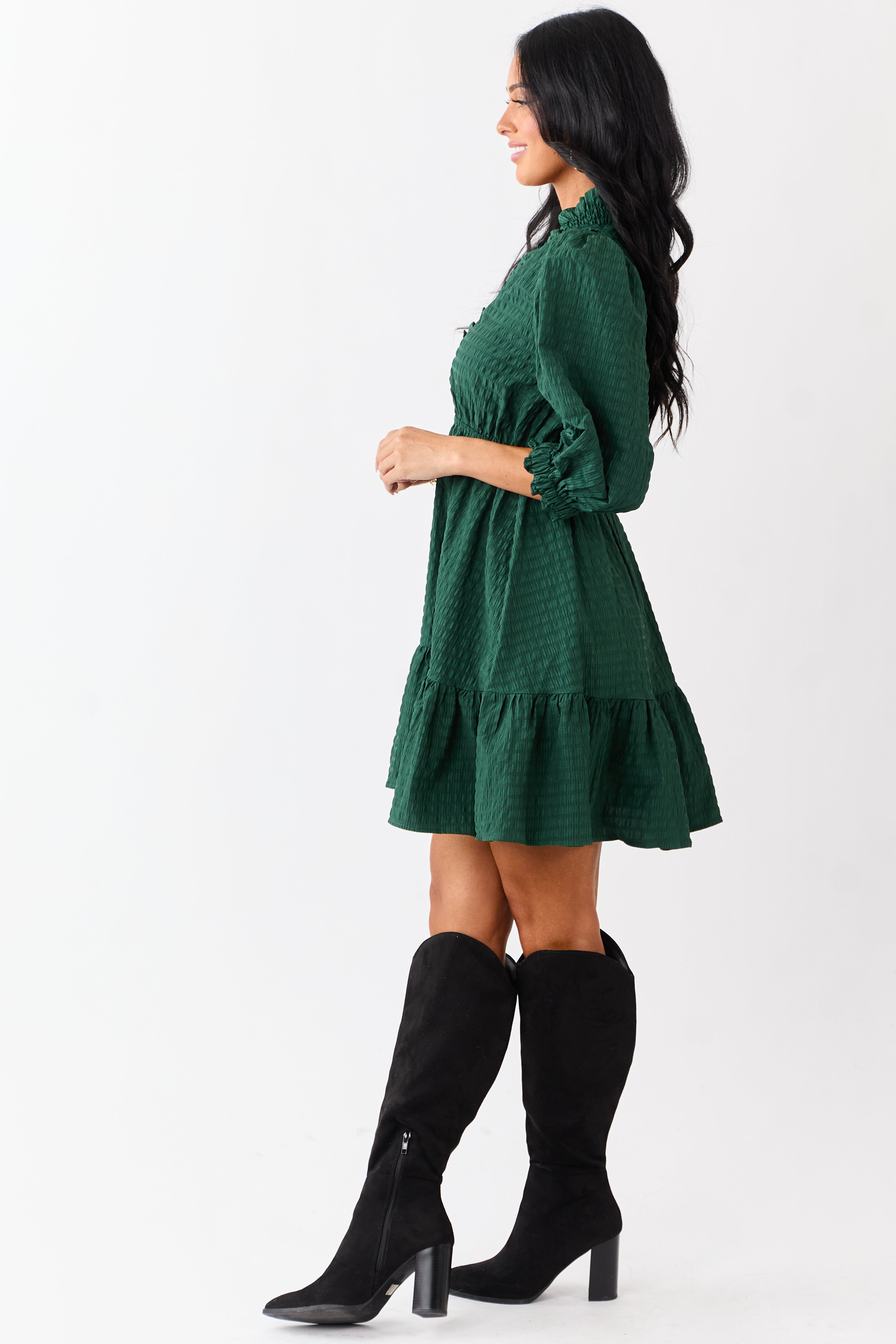 Hunter Green Surplice Neck 3/4 Bubble Sleeve Mini Dress