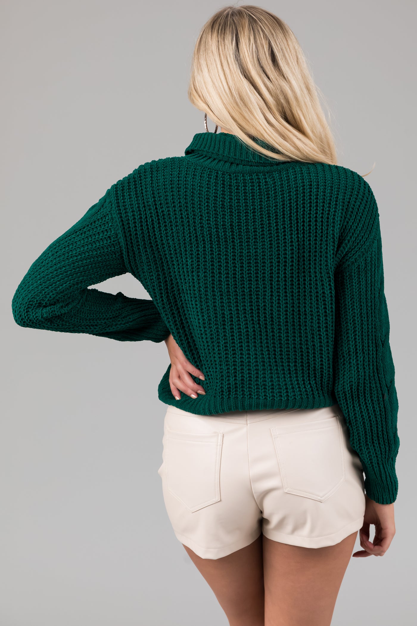Hunter Green Turtleneck Cable Knit Chenille Sweater