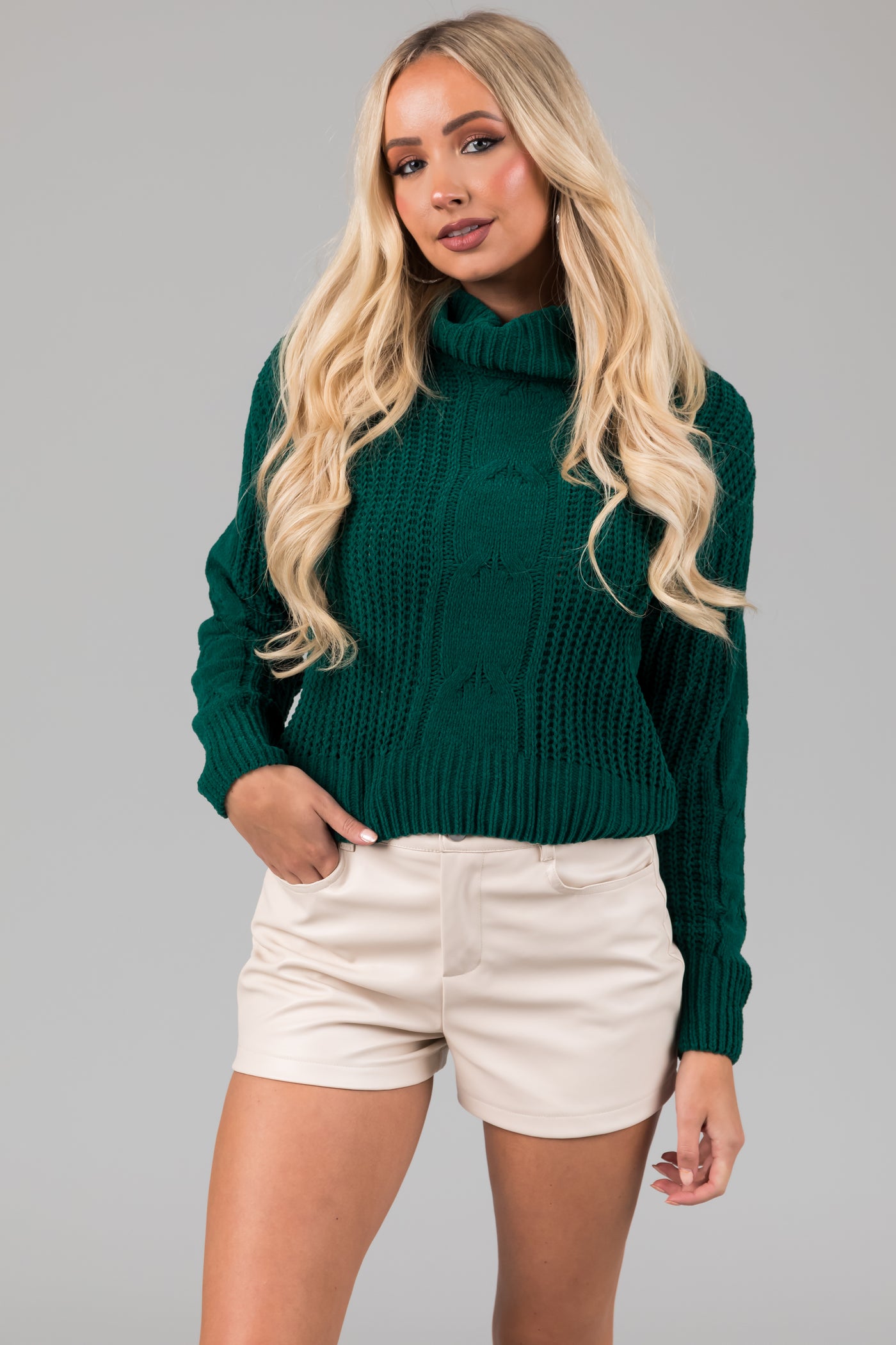 Hunter Green Turtleneck Cable Knit Chenille Sweater