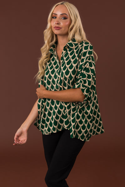 Hunter Green and Cream Printed Blouse