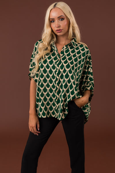 Hunter Green and Cream Printed Blouse
