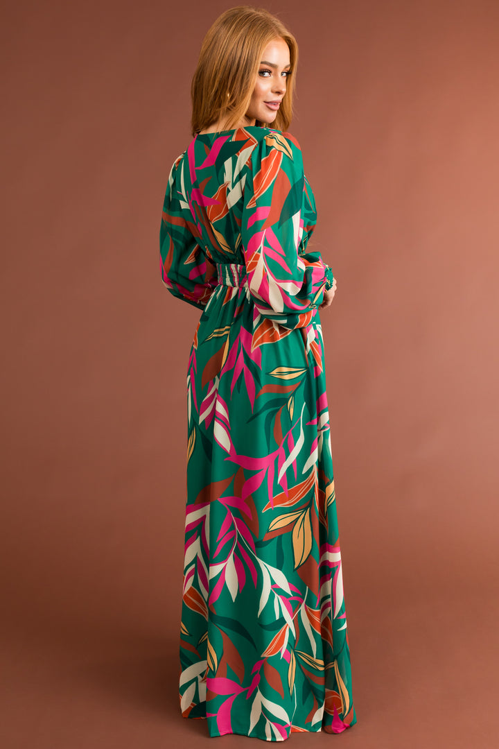 Hunter Green and Fuchsia Leaf Print Maxi Dress
