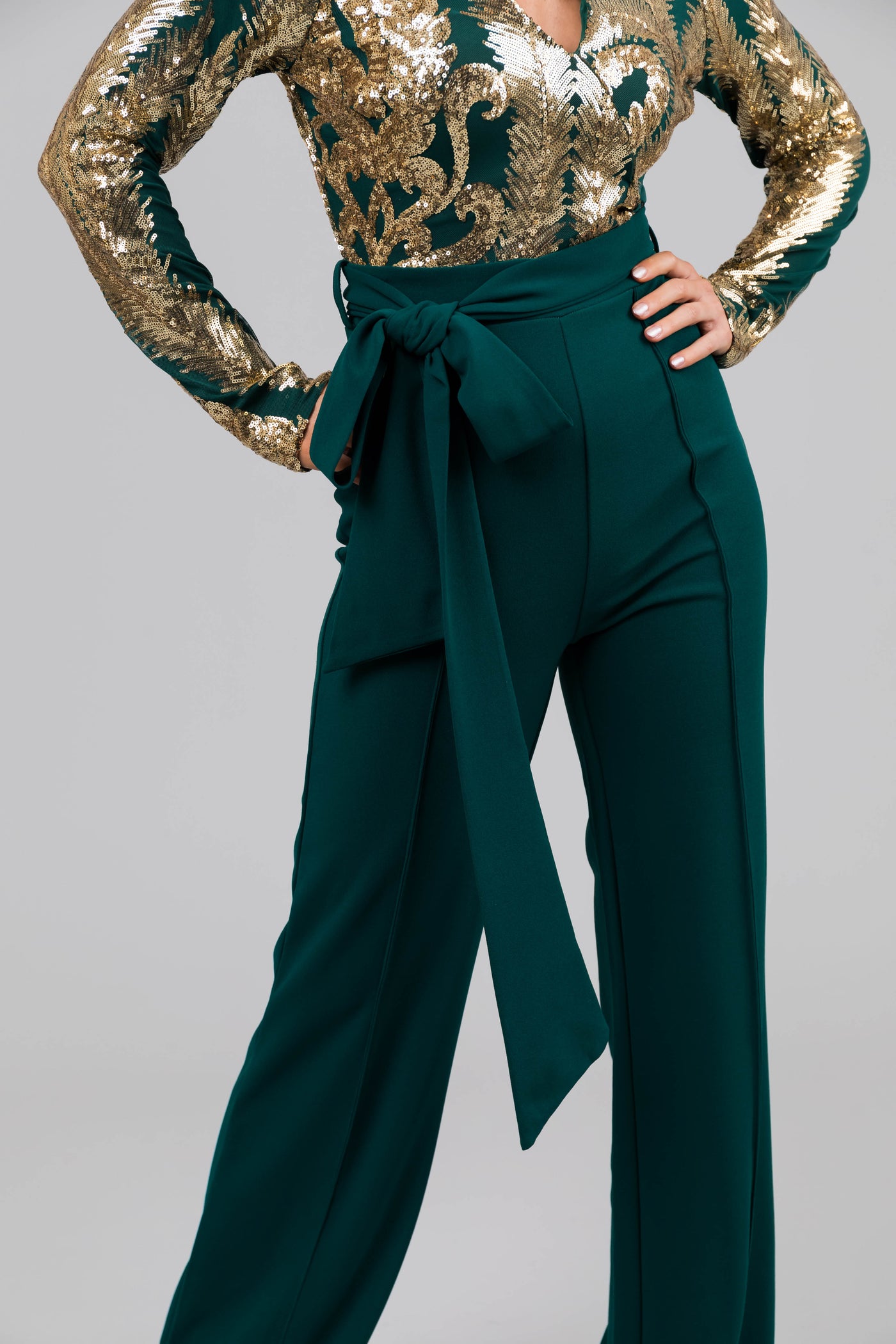 Hunter Green and Gold Sequin Print Jumpsuit