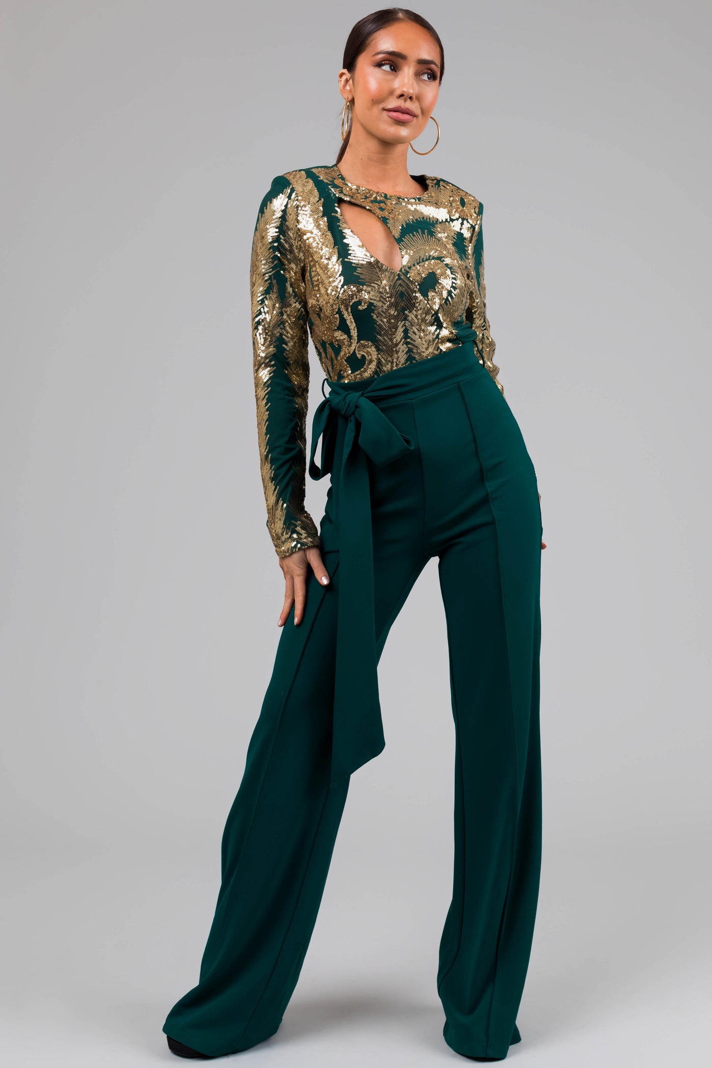 Hunter Green and Gold Sequin Print Jumpsuit