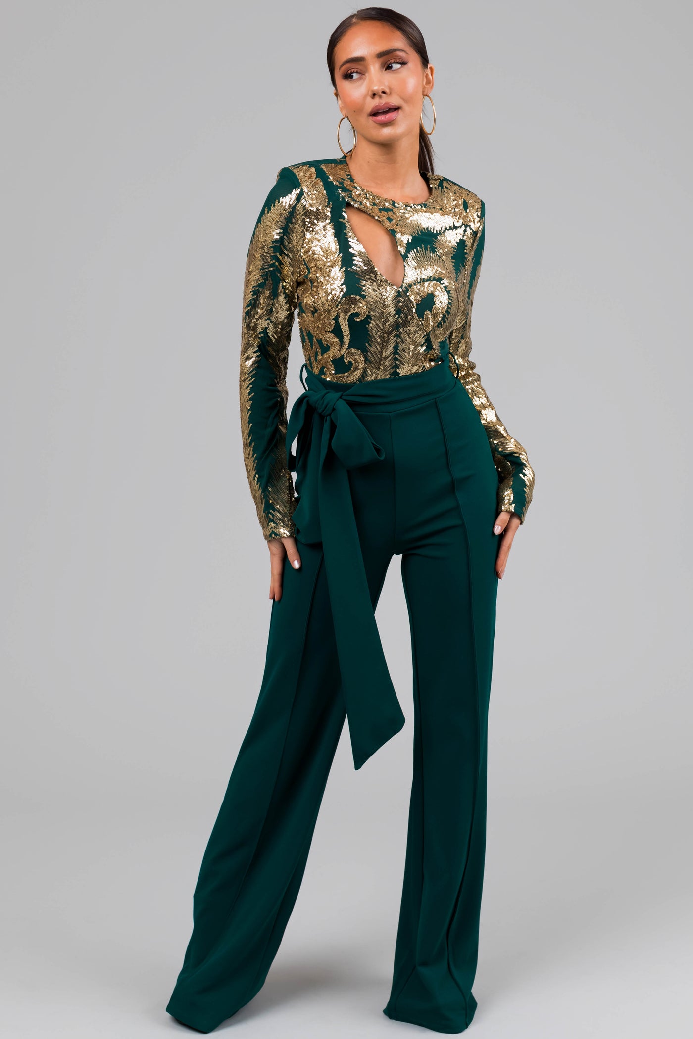 Hunter Green and Gold Sequin Print Jumpsuit