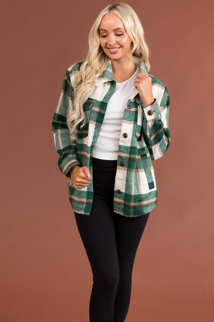 Hunter Green and Ivory Plaid Button Up Shacket
