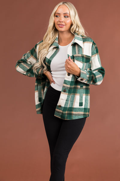 Hunter Green and Ivory Plaid Button Up Shacket
