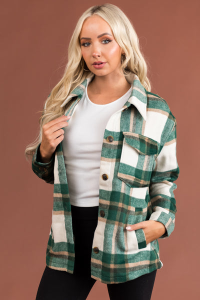 Hunter Green and Ivory Plaid Button Up Shacket