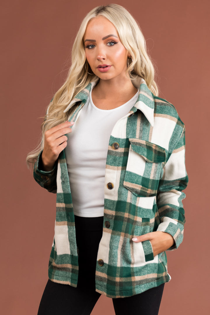 Hunter Green and Ivory Plaid Button Up Shacket