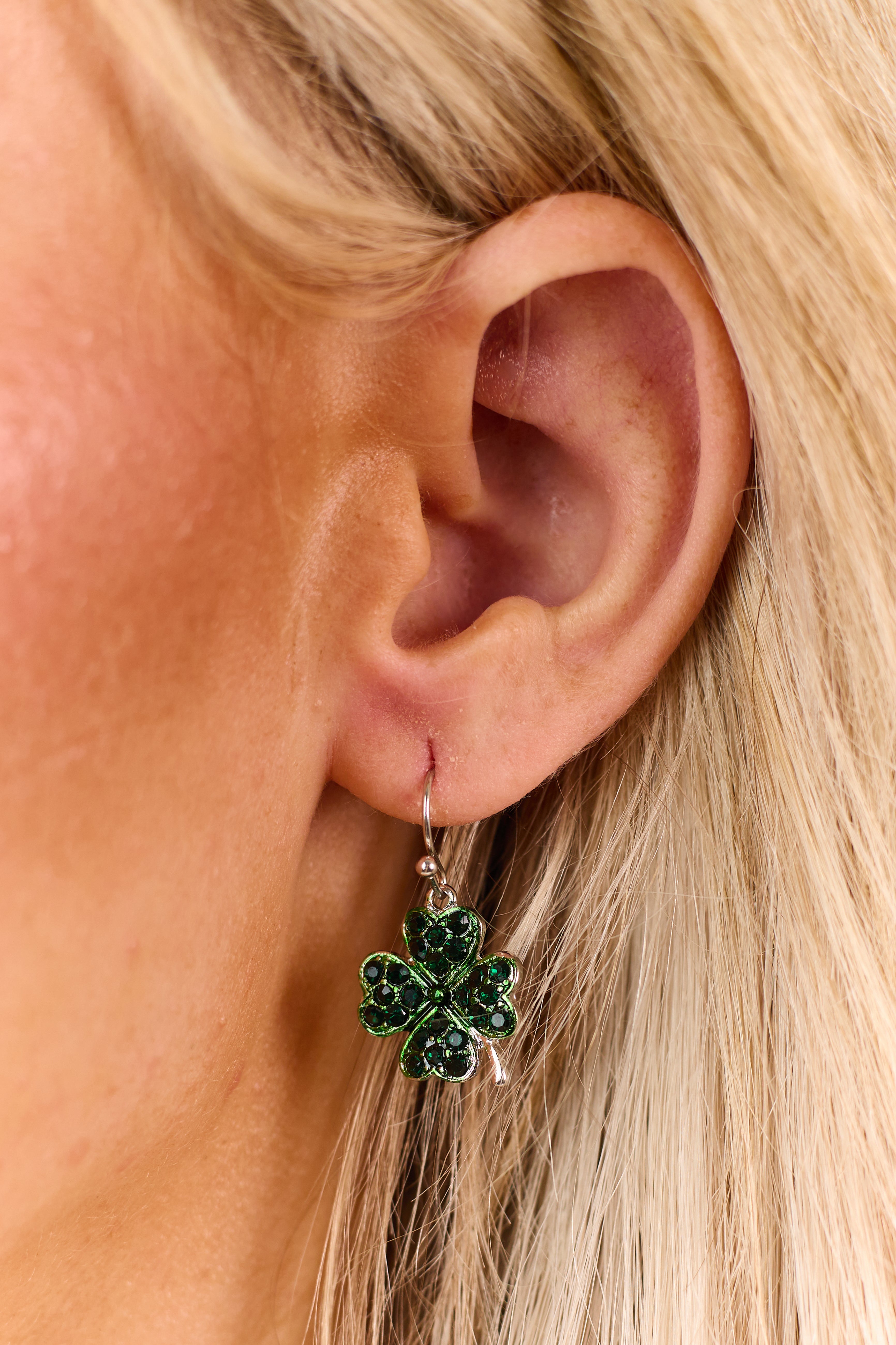 Hunter Green Rhinestone Clover Dangle Earrings