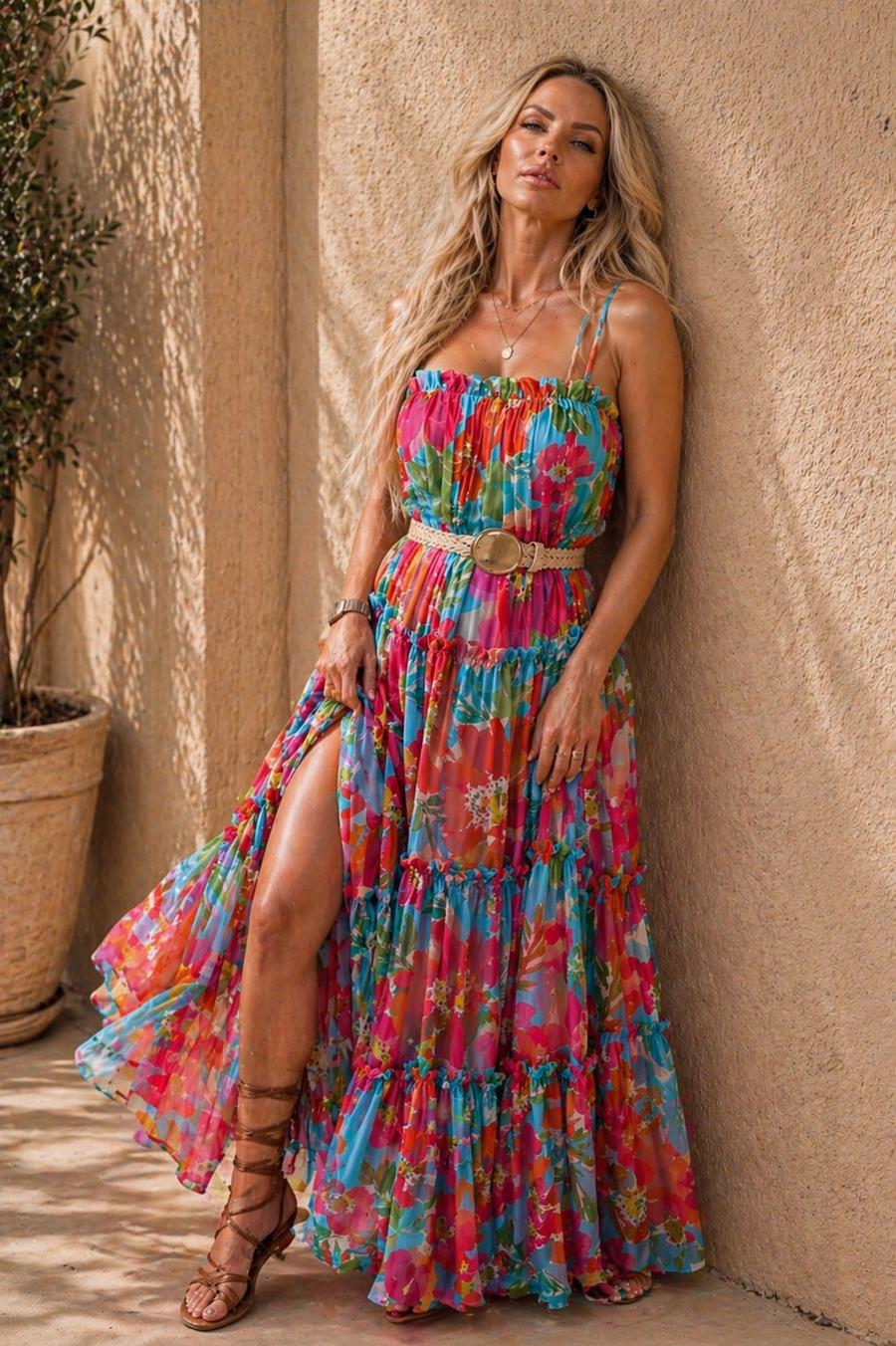 Flying Tomato Azure Floral Print Chiffon Maxi Dress