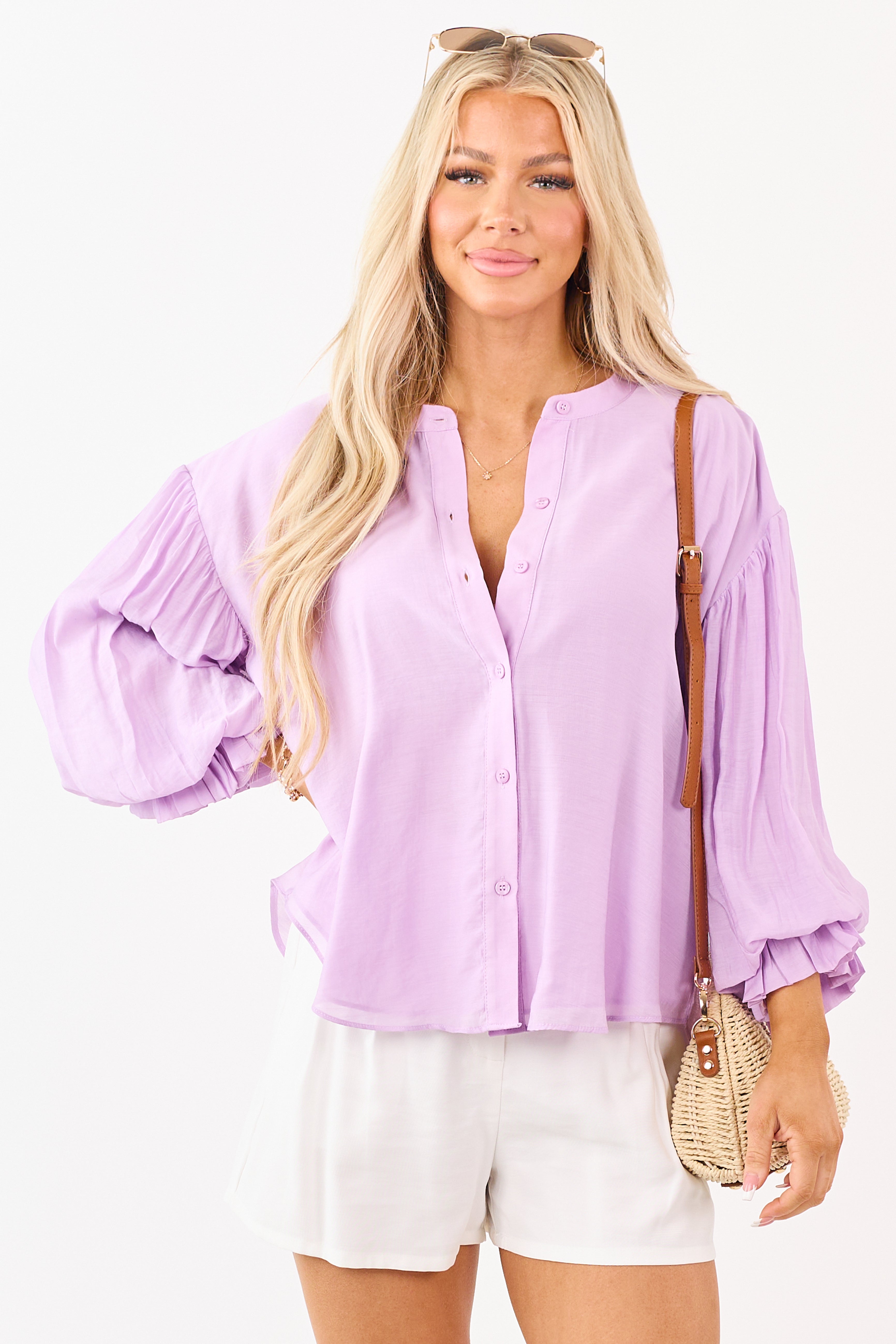Iris Button Down Ruffle Cuff Puff Sleeve Top