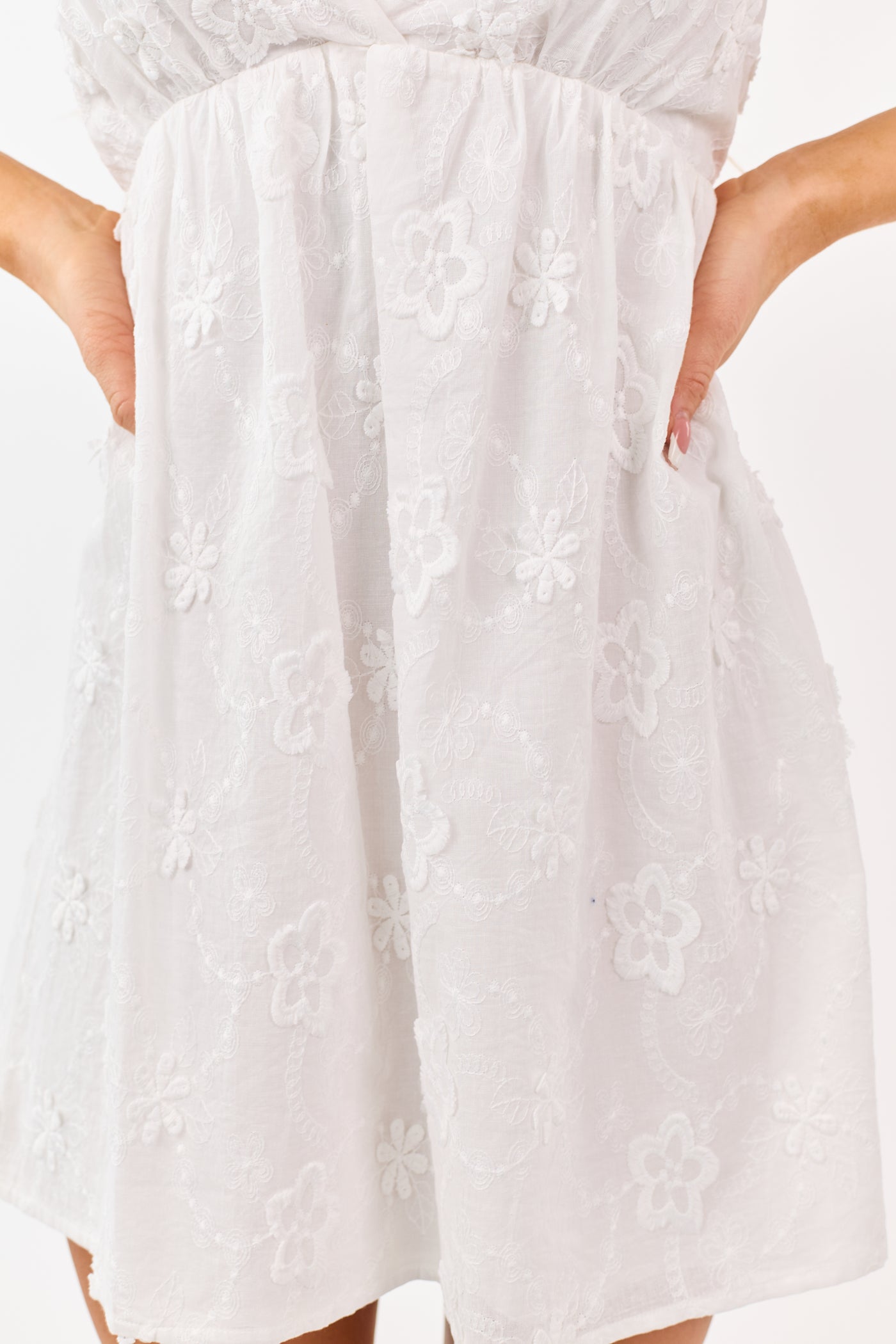 Ivory 3D Floral Embroidered Babydoll Mini Dress