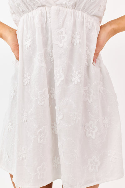 Ivory 3D Floral Embroidered Babydoll Mini Dress