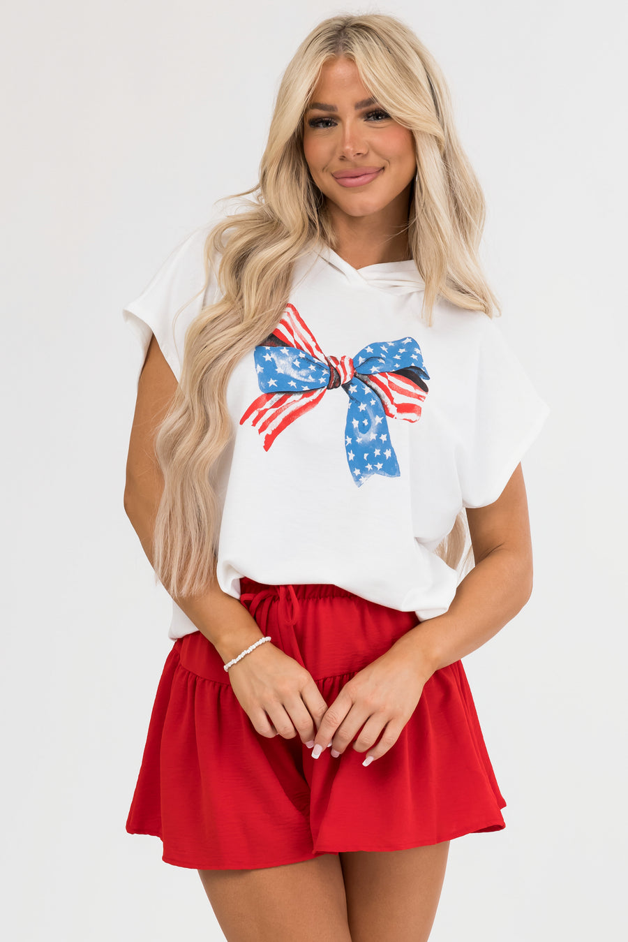 Ivory American Flag Bow Hooded Short Sleeve Top