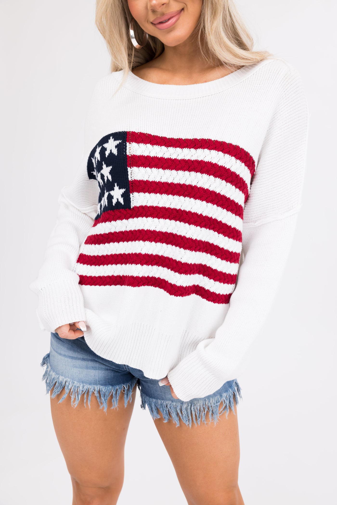 Ivory American Flag Crochet Knit Sweater