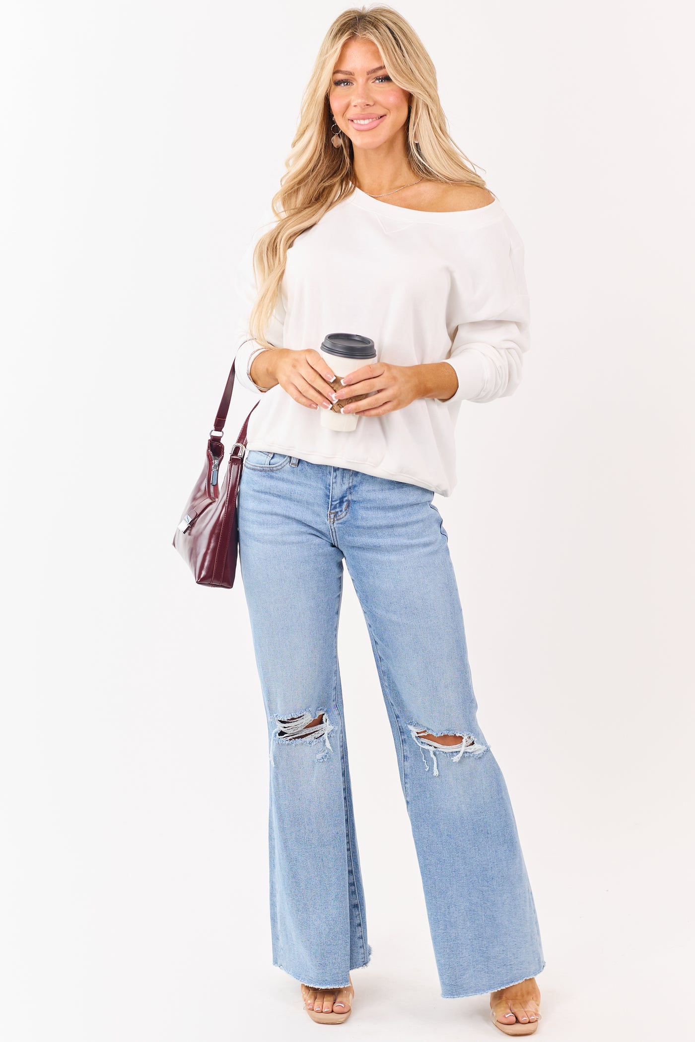 Ivory Boatneck Ribbed Trim Relaxed Fleece Sweatshirt