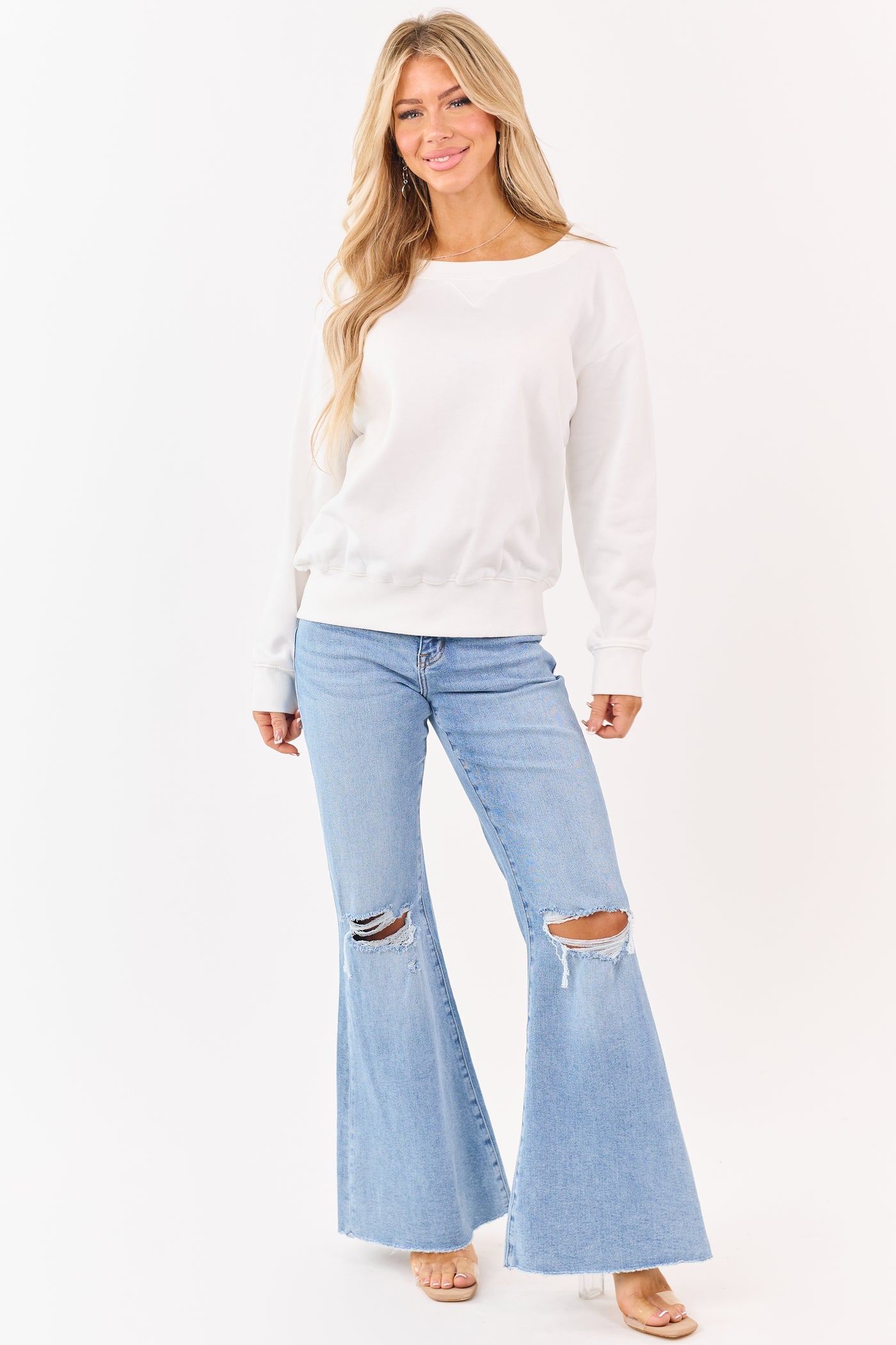 Ivory Boatneck Ribbed Trim Relaxed Fleece Sweatshirt