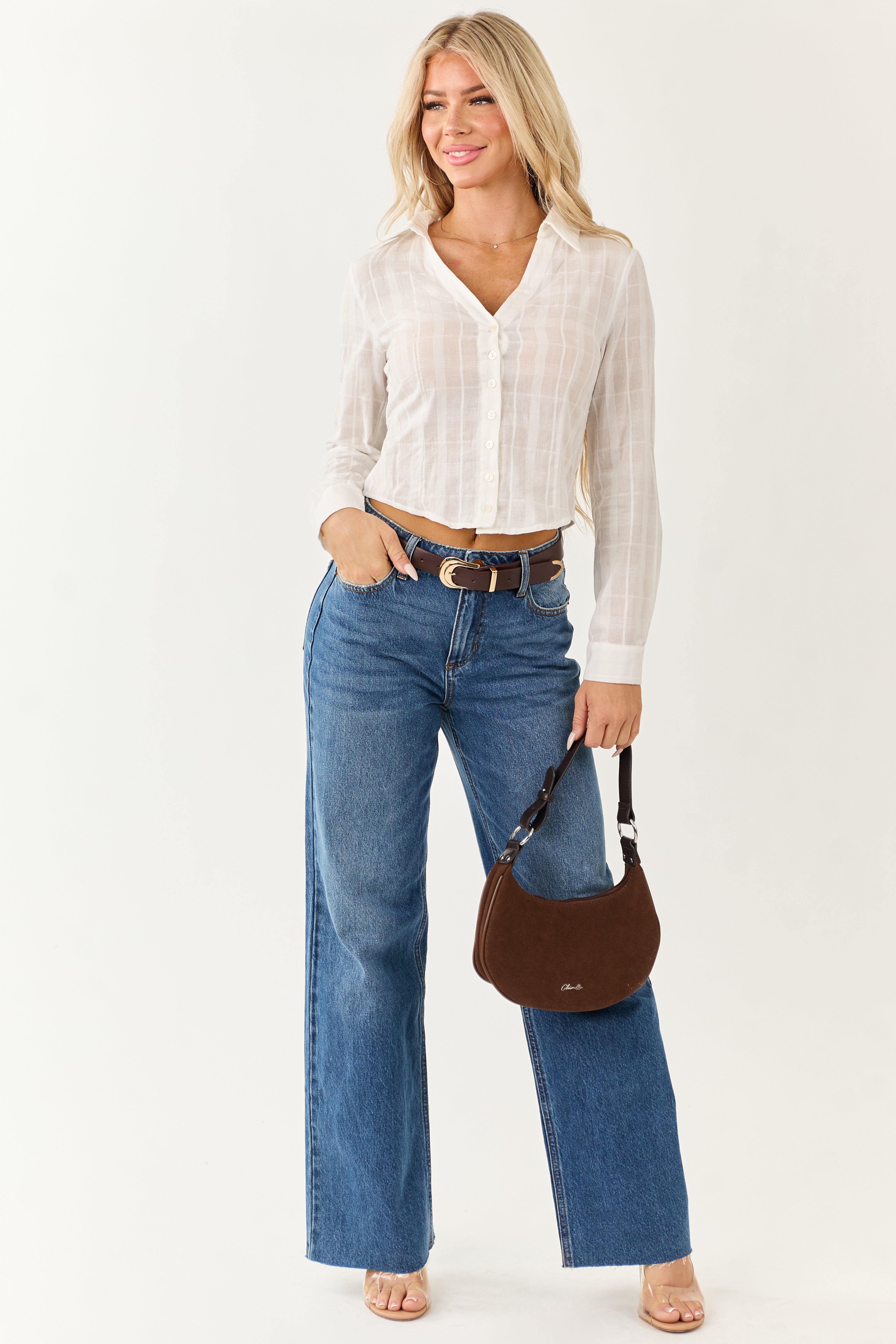 Ivory Button Down Long Sleeve Cotton Top