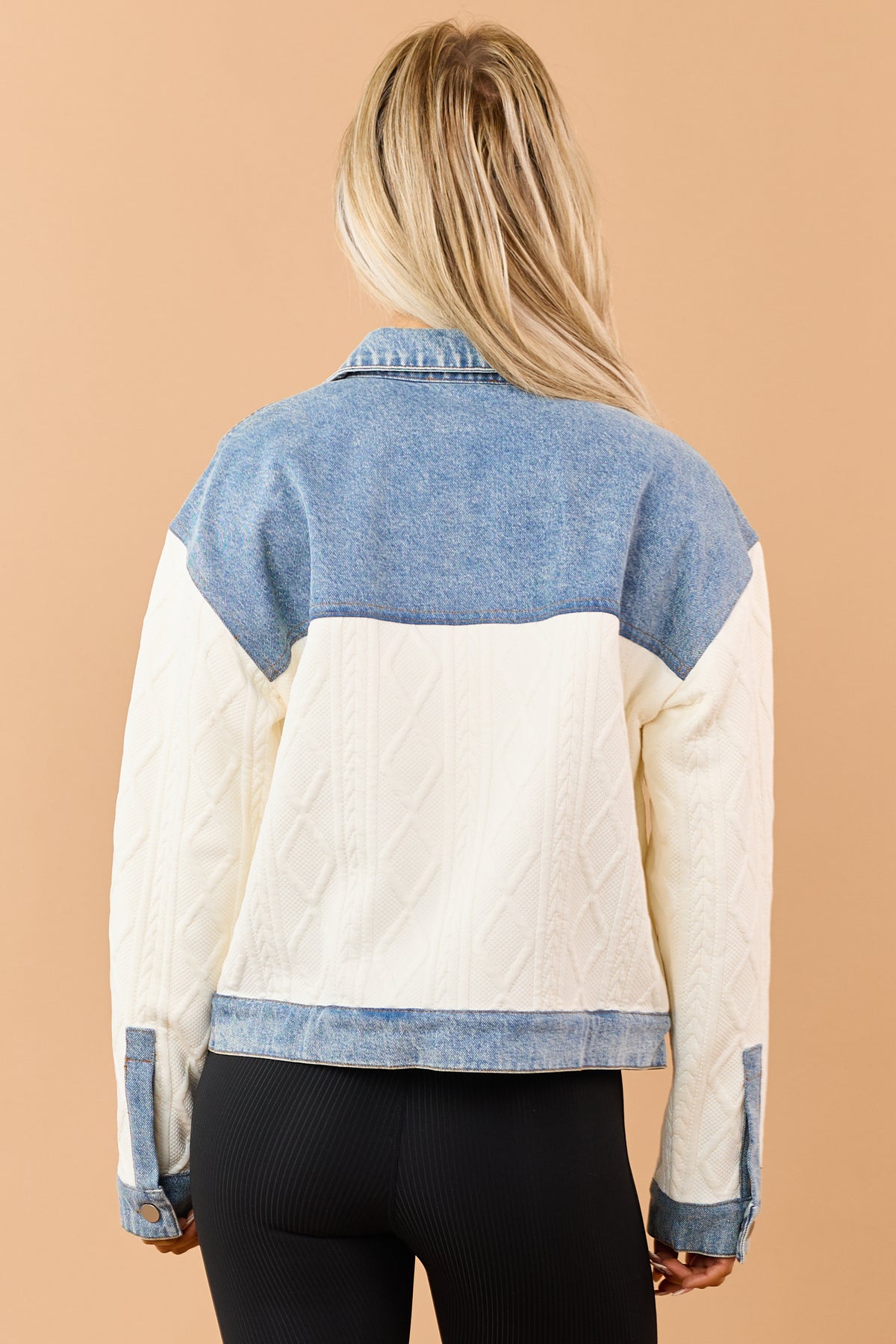Ivory Cable Knit Denim Contrast Button Down Jacket