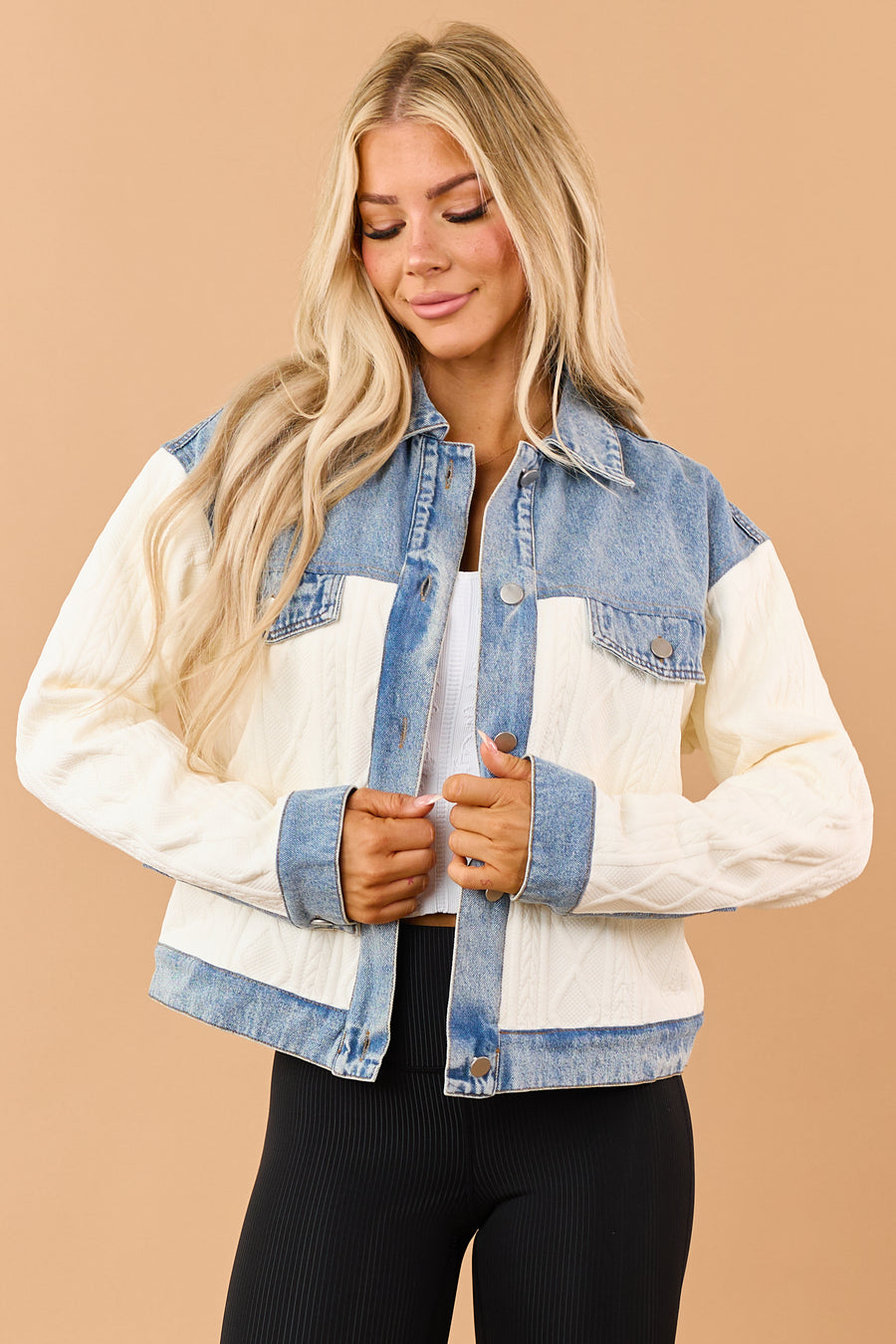 Ivory Cable Knit Denim Contrast Button Down Jacket