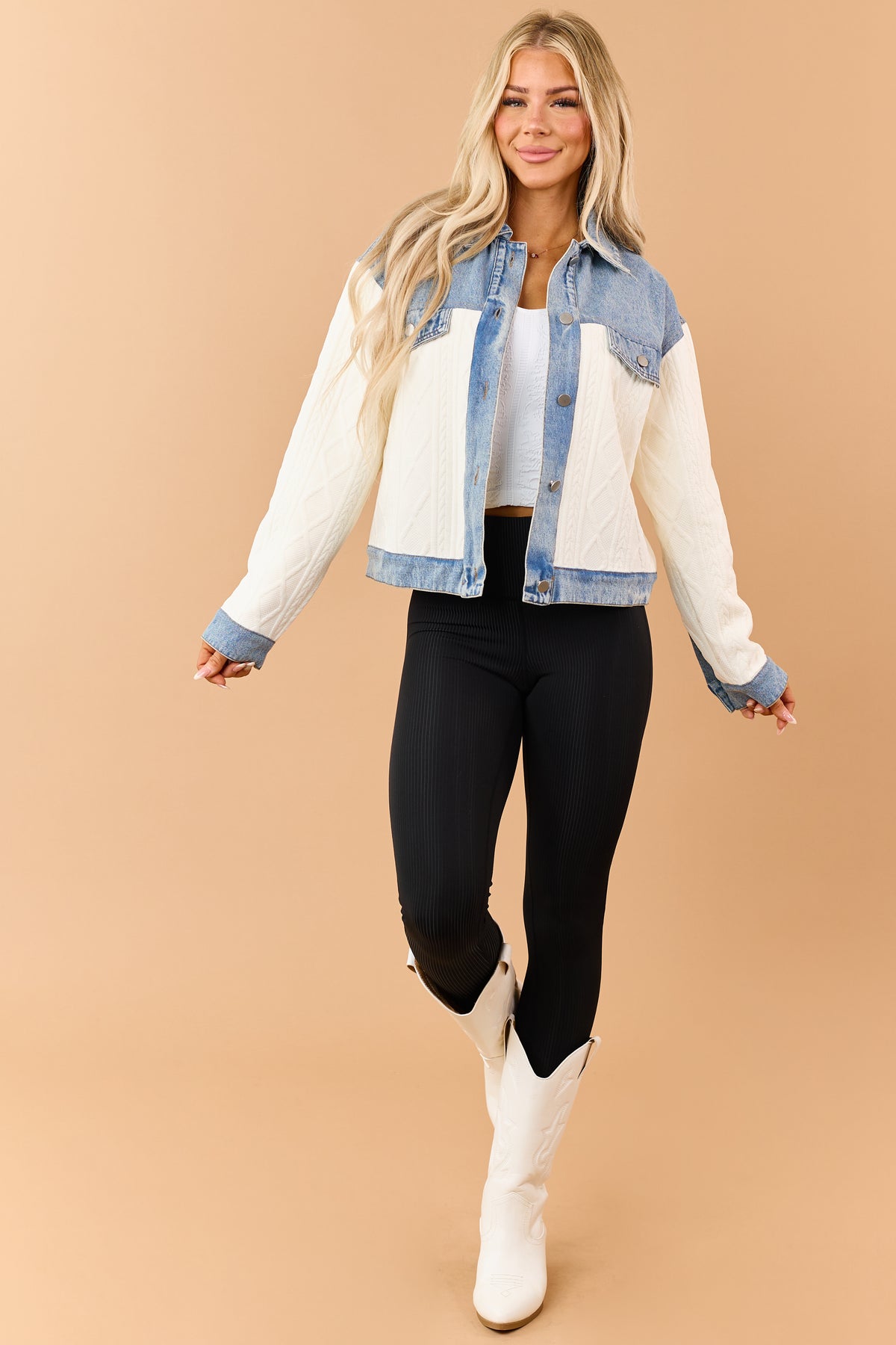 Ivory Cable Knit Denim Contrast Button Down Jacket