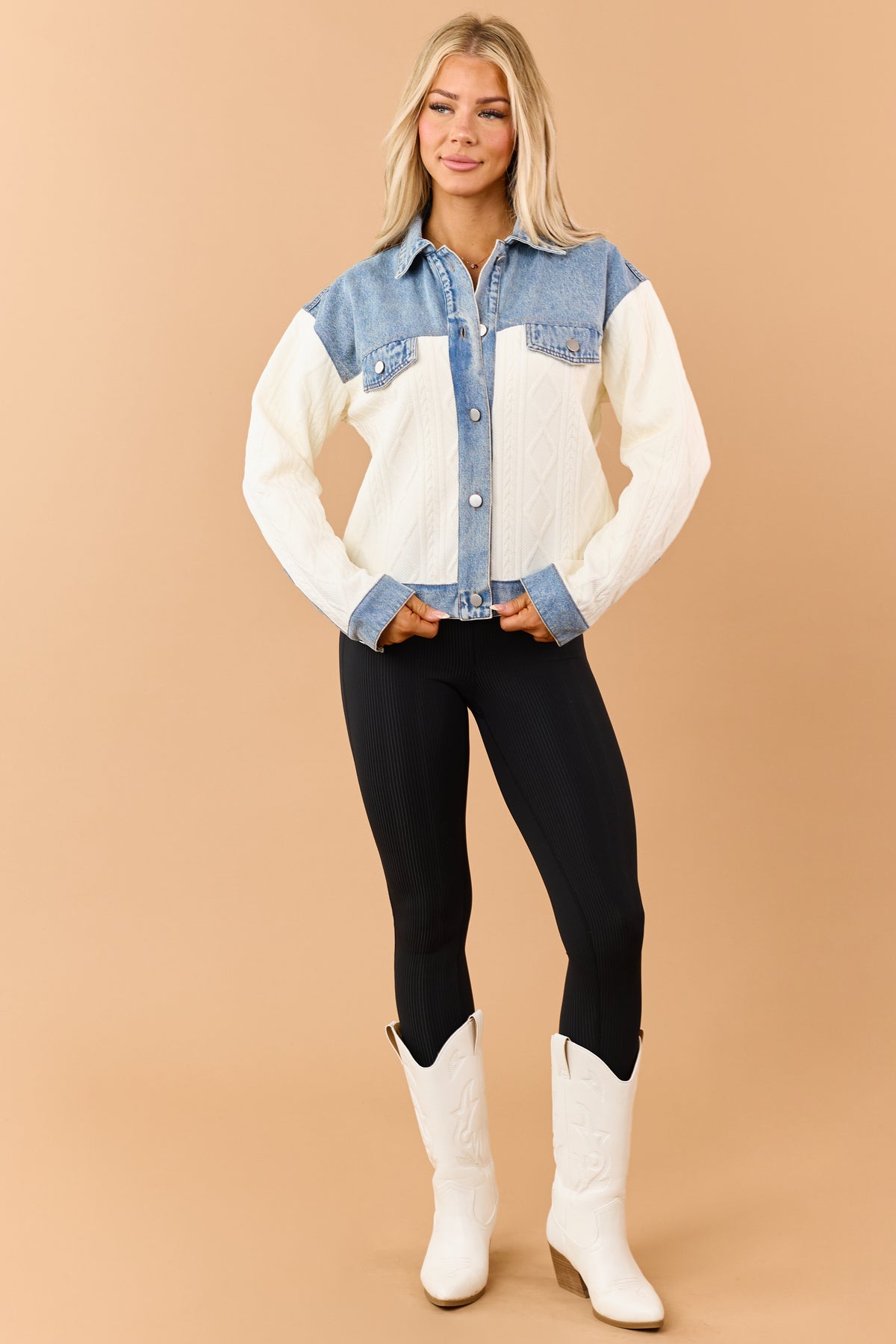 Ivory Cable Knit Denim Contrast Button Down Jacket