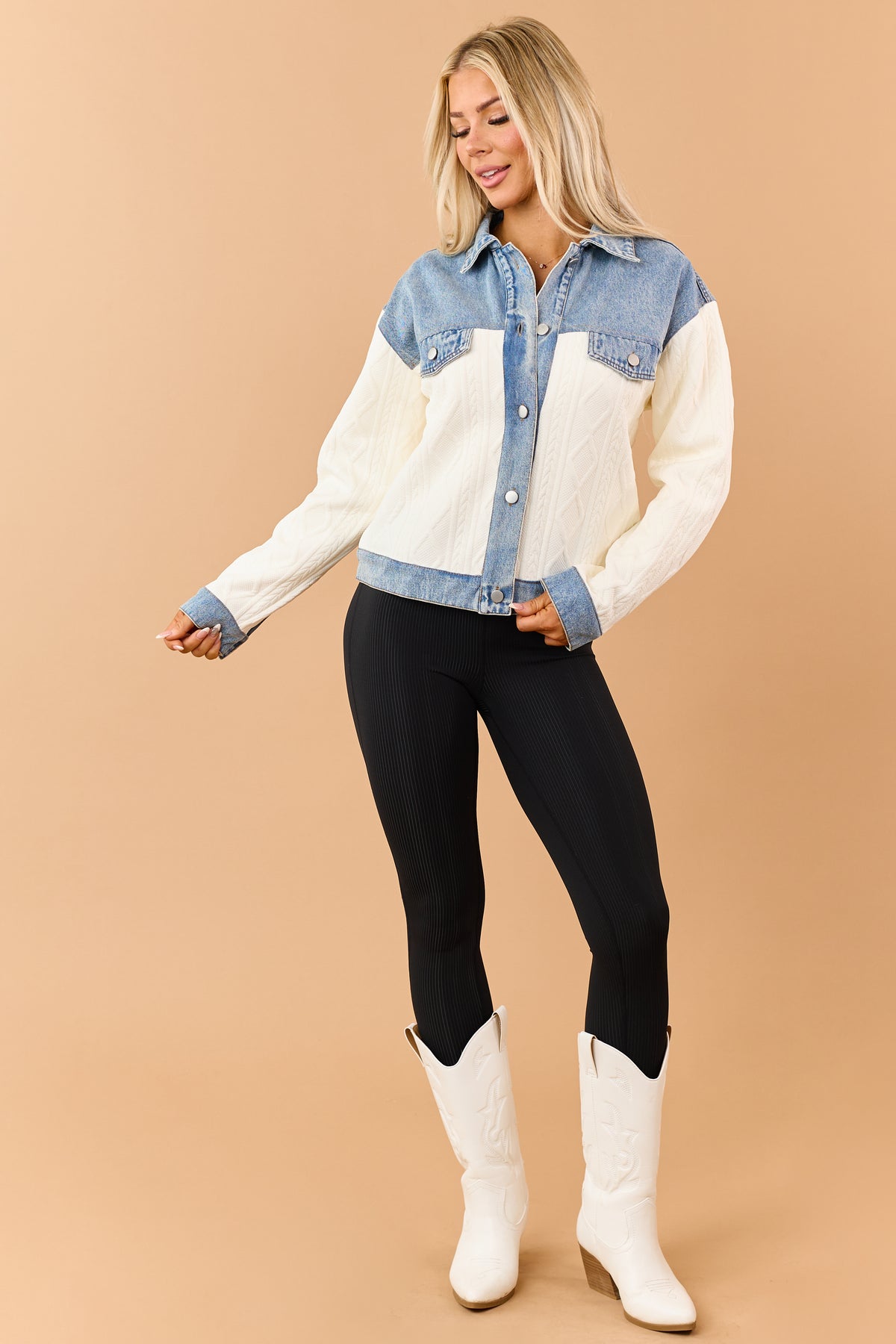 Ivory Cable Knit Denim Contrast Button Down Jacket