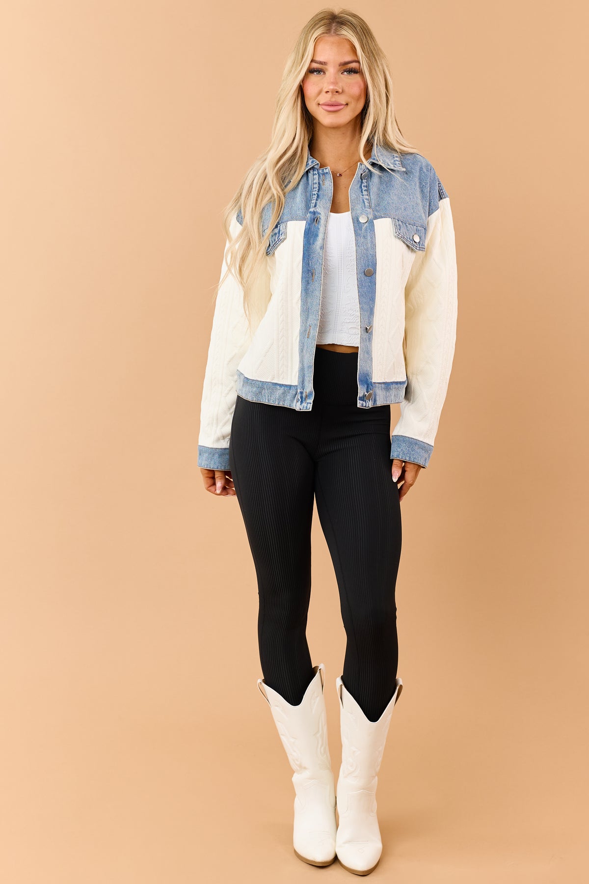 Ivory Cable Knit Denim Contrast Button Down Jacket
