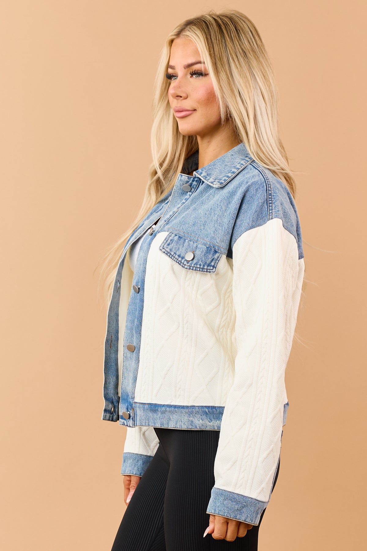 Ivory Cable Knit Denim Contrast Button Down Jacket