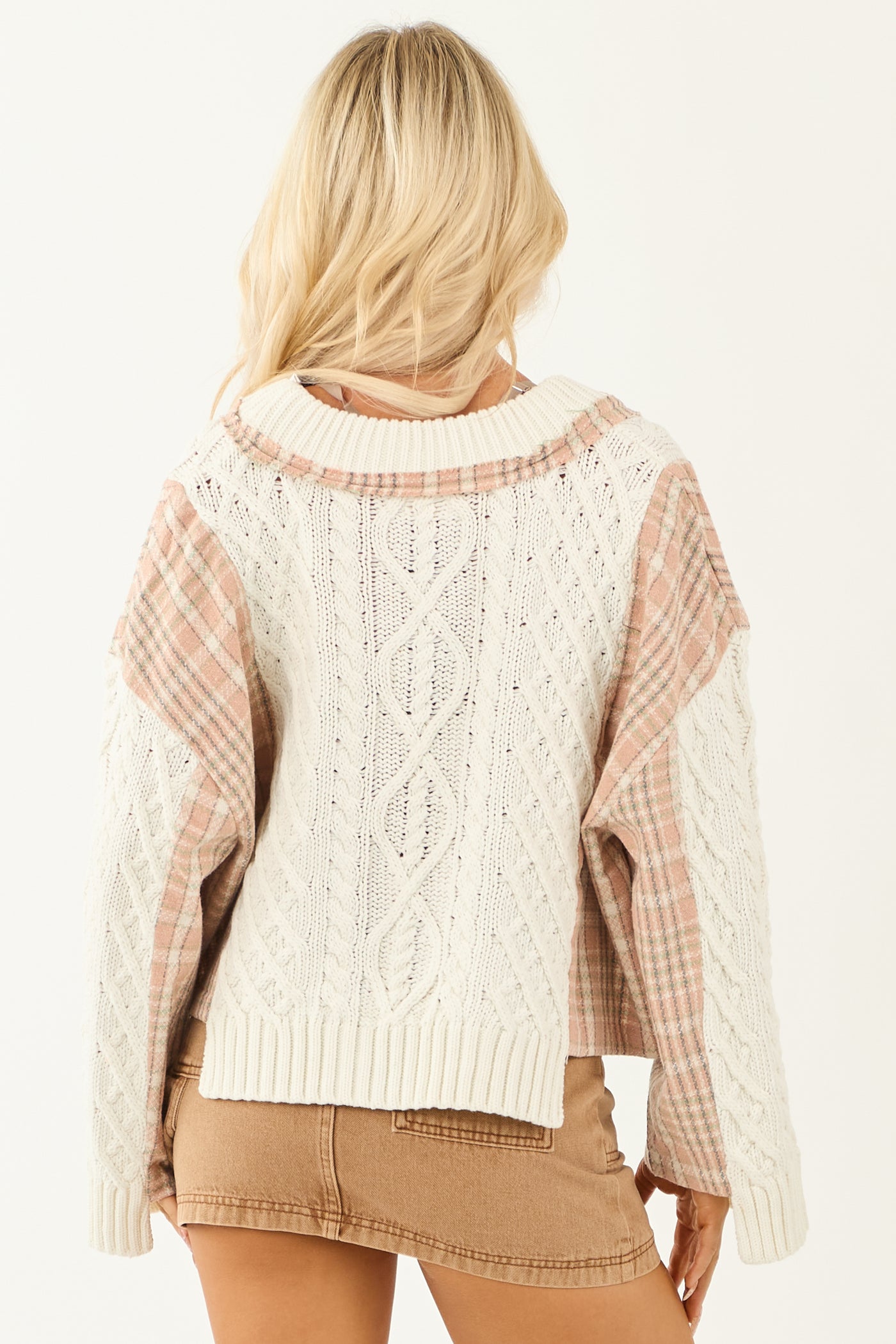 Ivory Cable Knit Plaid Contrast Button Up Cardigan