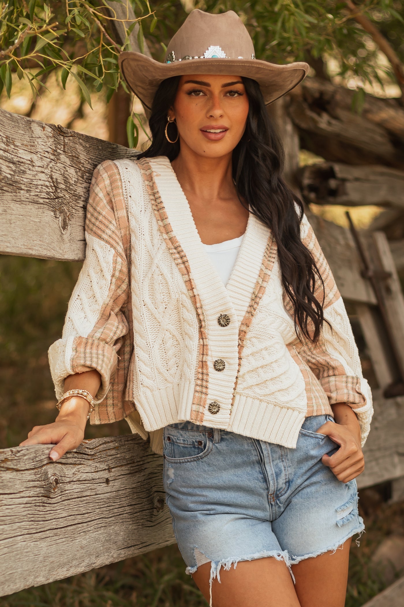Ivory Cable Knit Plaid Contrast Button Up Cardigan