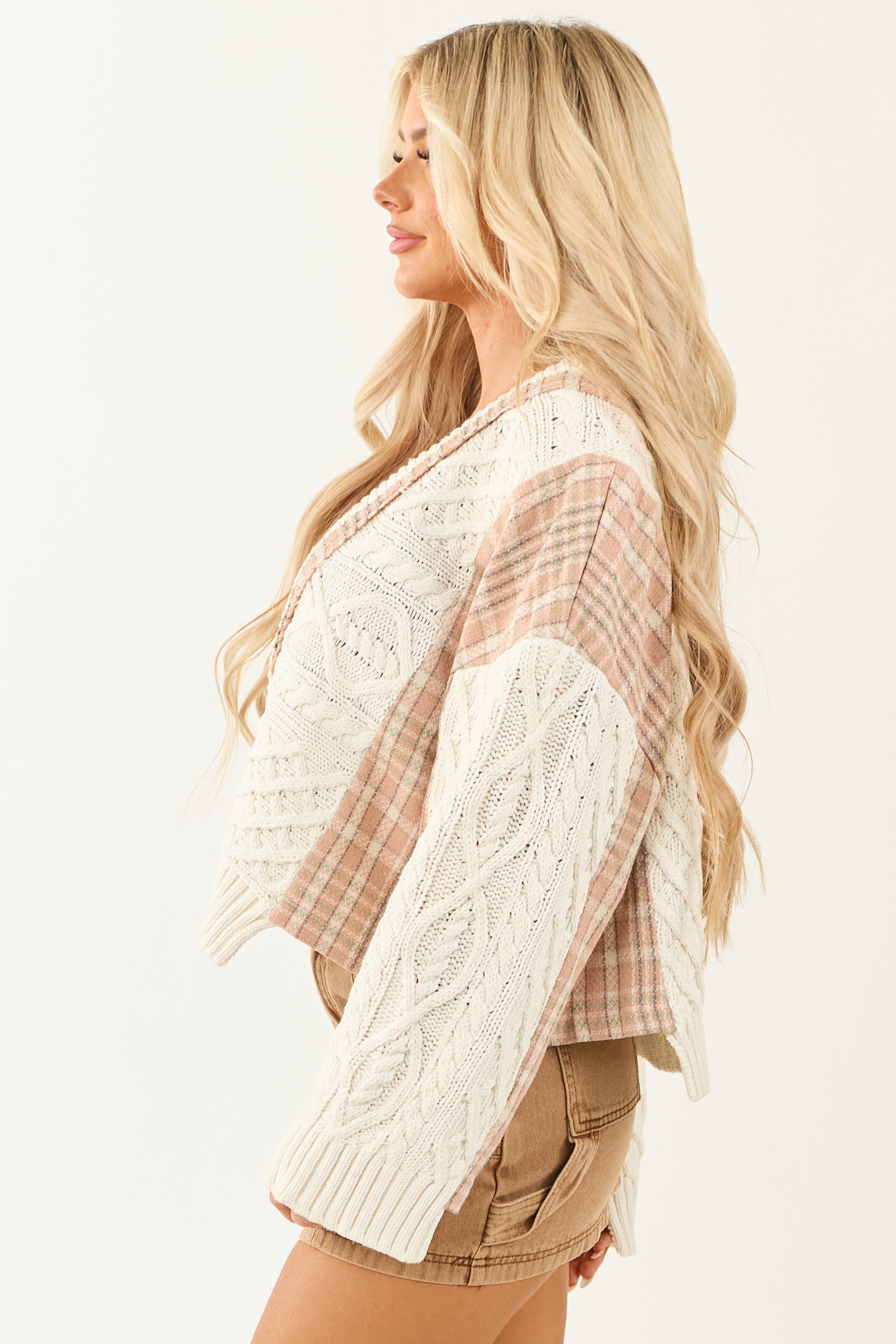 Ivory Cable Knit Plaid Contrast Button Up Cardigan