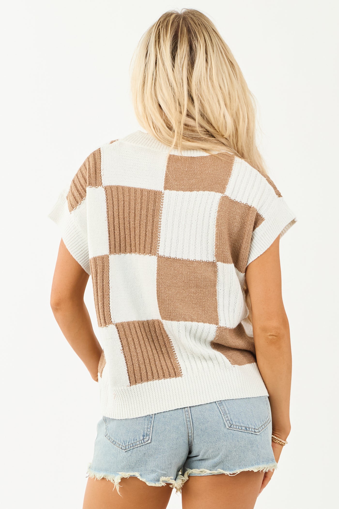 Ivory Checkered Short Sleeve Sweater Top