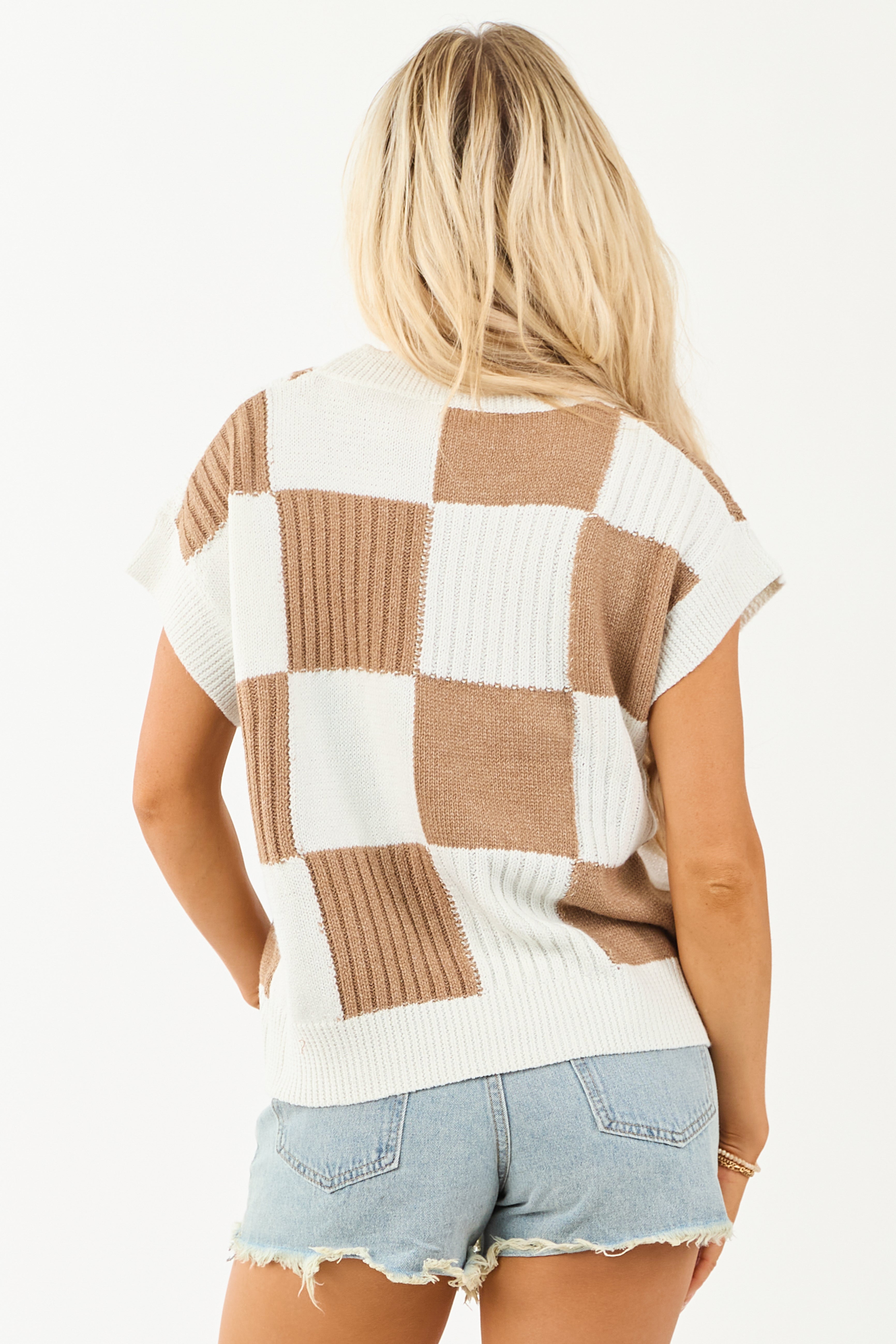 Ivory Checkered Short Sleeve Sweater Top