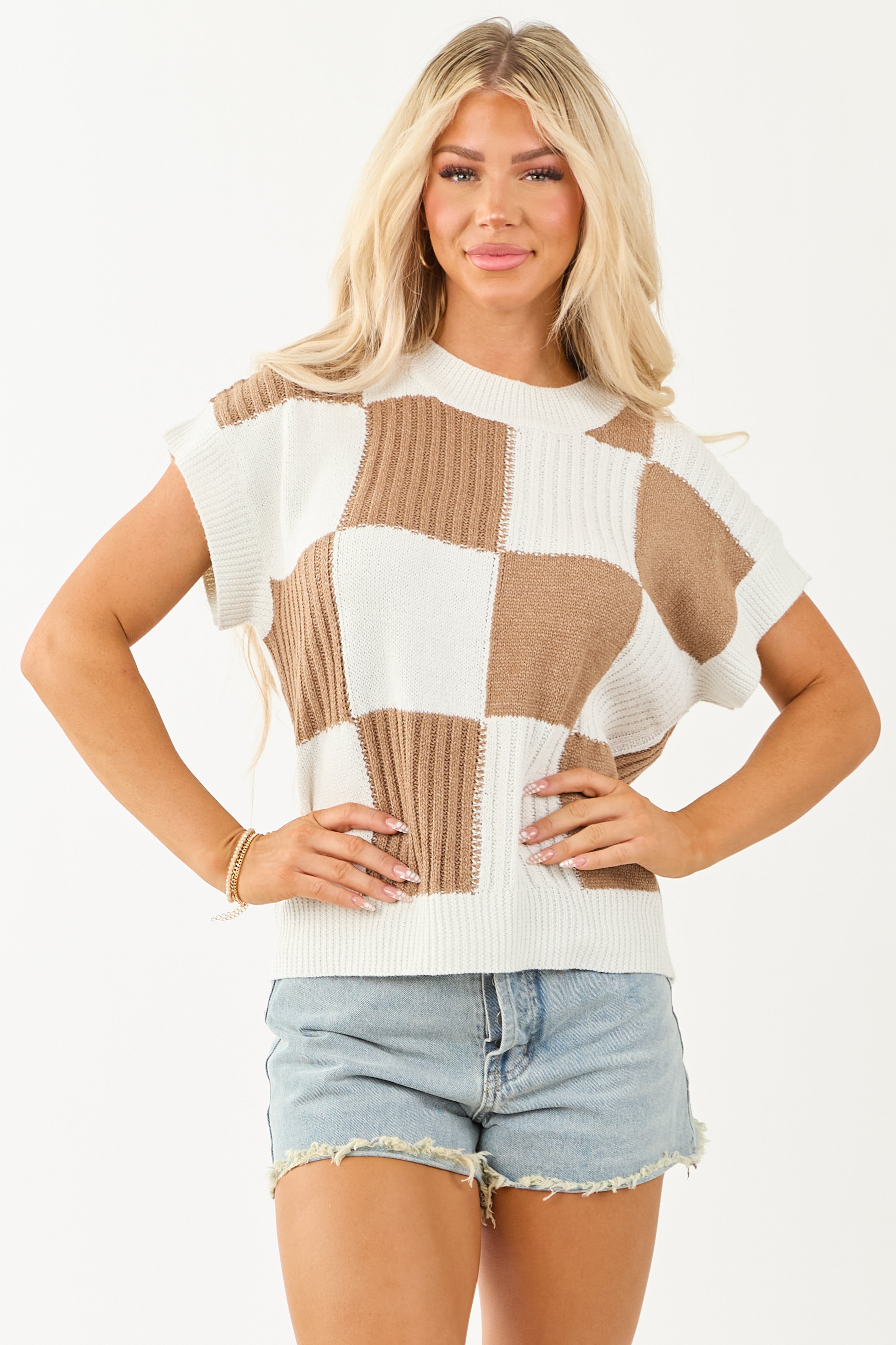 Ivory Checkered Short Sleeve Sweater Top