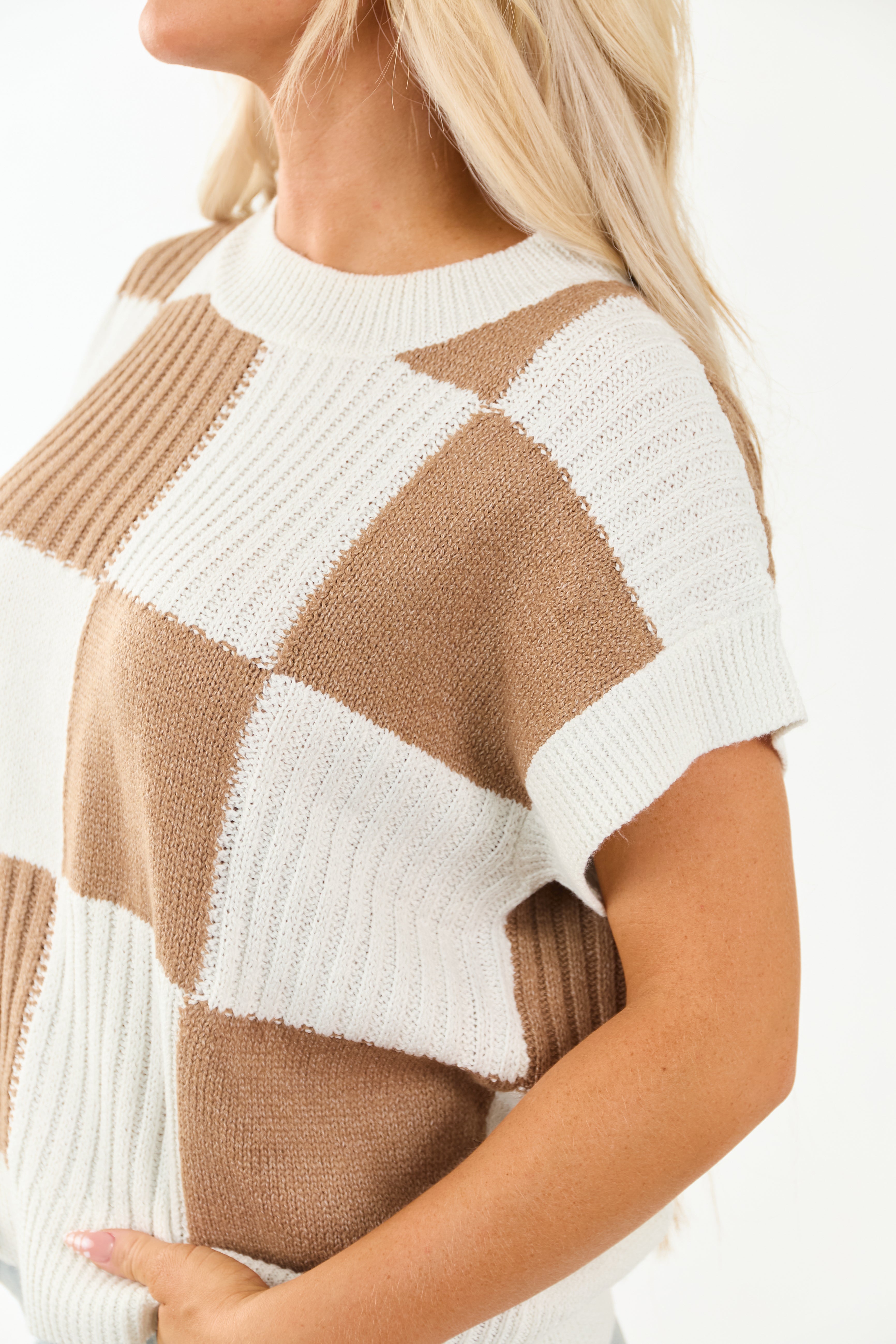 Ivory Checkered Short Sleeve Sweater Top