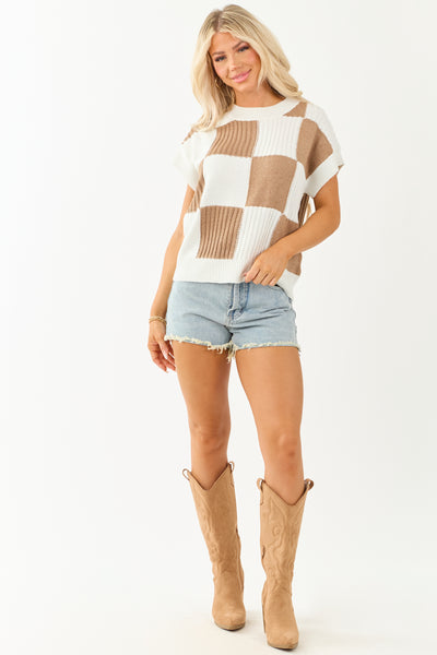 Ivory Checkered Short Sleeve Sweater Top