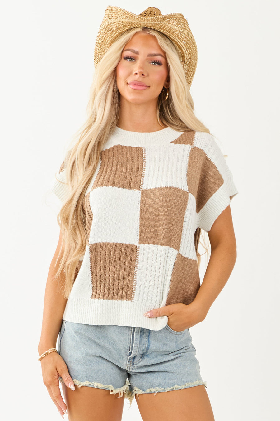 Ivory Checkered Short Sleeve Sweater Top