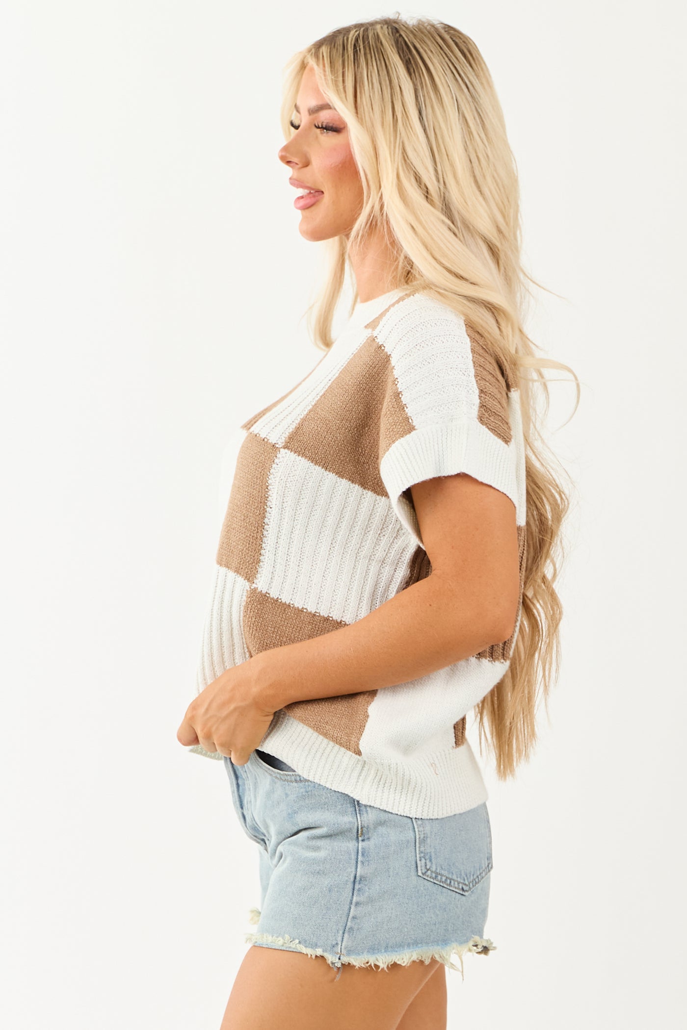 Ivory Checkered Short Sleeve Sweater Top